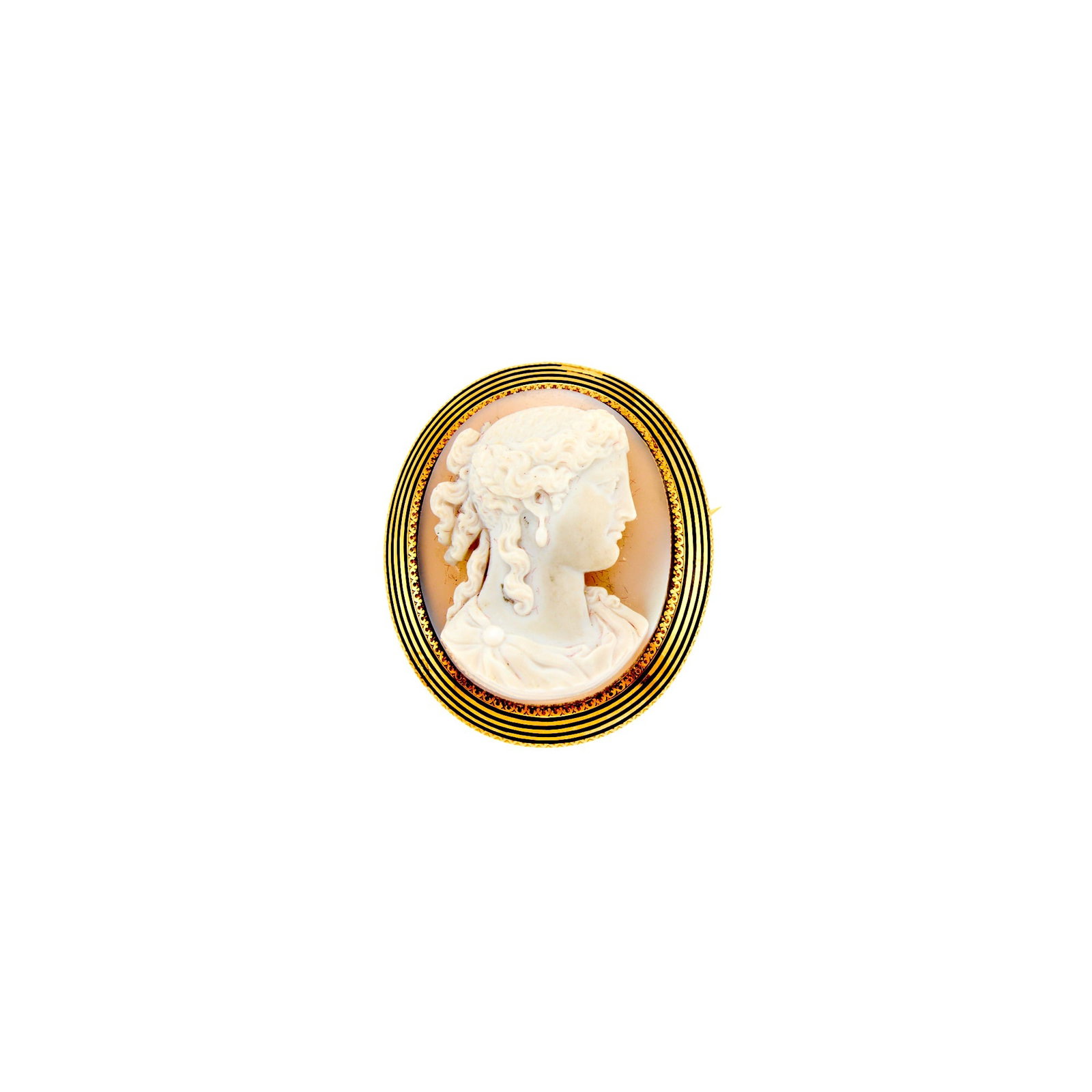 Antique Gold, Enamel and Agate Cameo Brooch, France: 18 kt., one agate cameo, black enamel, some enamel loss, with maker's mark and French assay mark, ap. 15.8 dwts. Some enamel loss at top of brooch. Agate: light grayish-blue and white, tranluscent to 