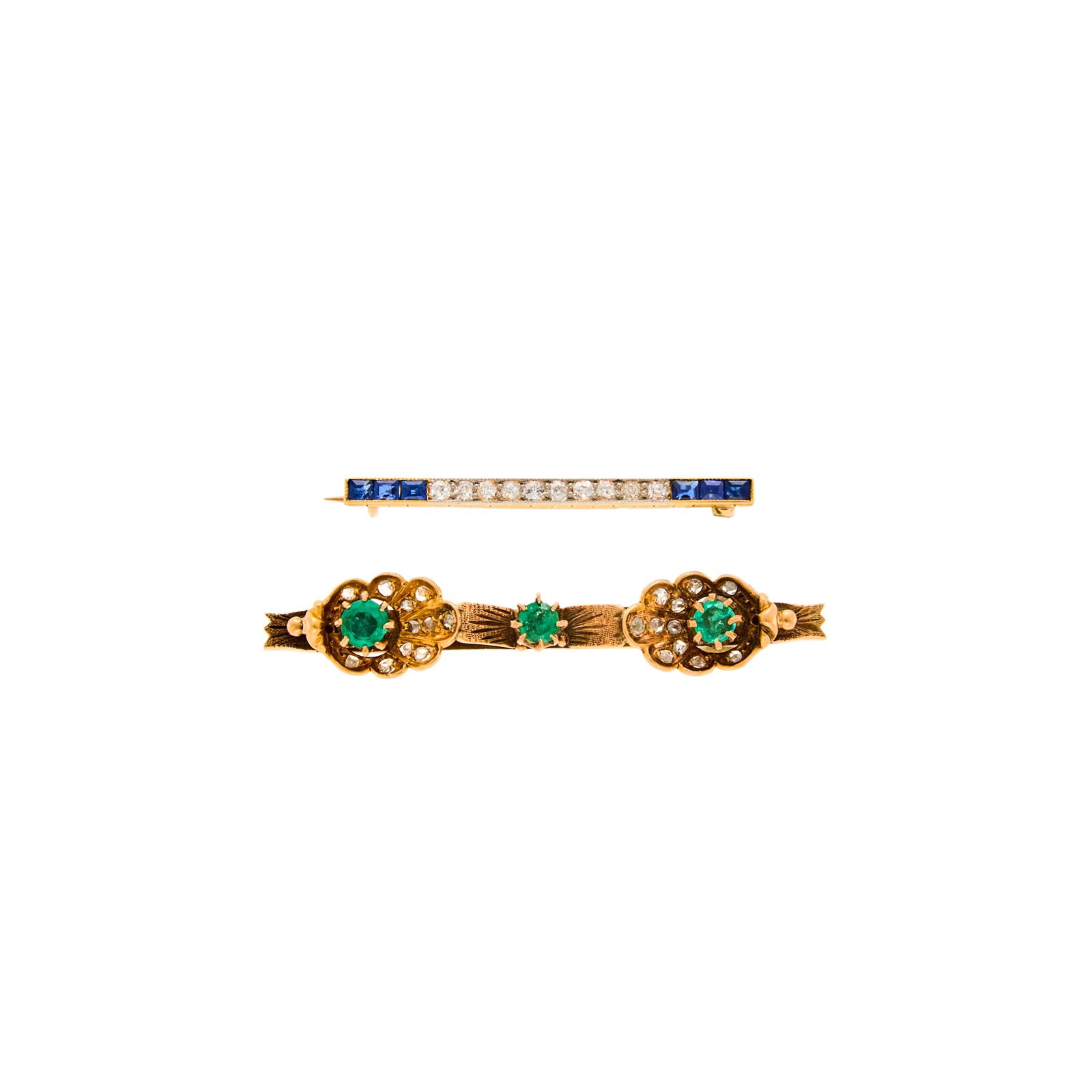 Two Antique Gold, Low Karat Gold, Platinum and Gem-Set Bar Pins: 3 round emeralds ap. 4.5 to 4.0 mm., 6 square-cut sapphires, 10 old European-cut diamonds ap. .40 ct., small rose-cut diamonds, ap. 7 dwts. gross. Gold tests as 18 kt. and low karat gold. Emeralds: