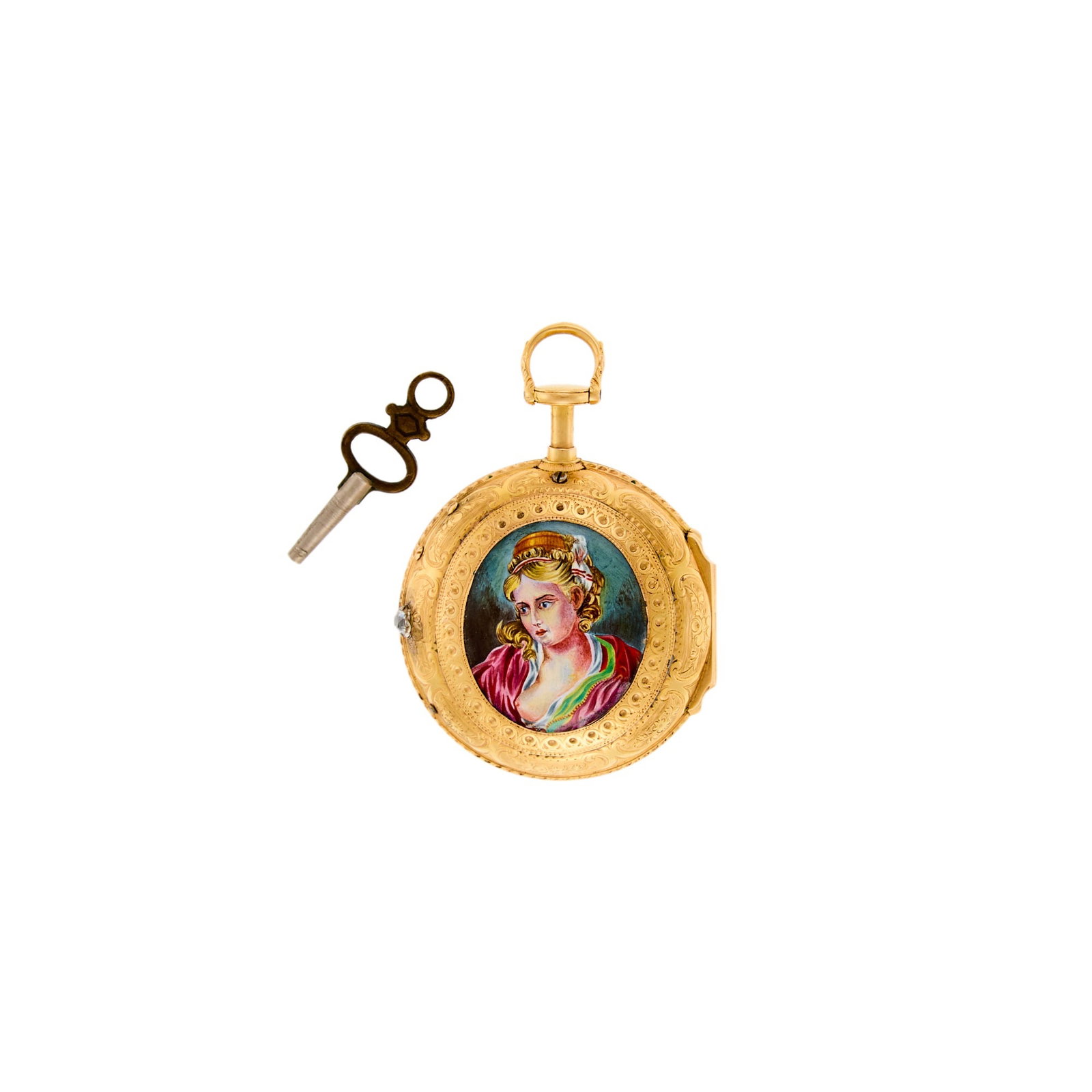 Justin Vulliamy Antique Gold, Silver, Enamel and Diamond Pocket Watch: Key wind fusée movement, circular off-white dial, black Roman numerals and Arabic minute indicators, case dia. ap. 45 mm., ornate hands, enamel portrait at reverse, one old mine-cut diamond ap. .