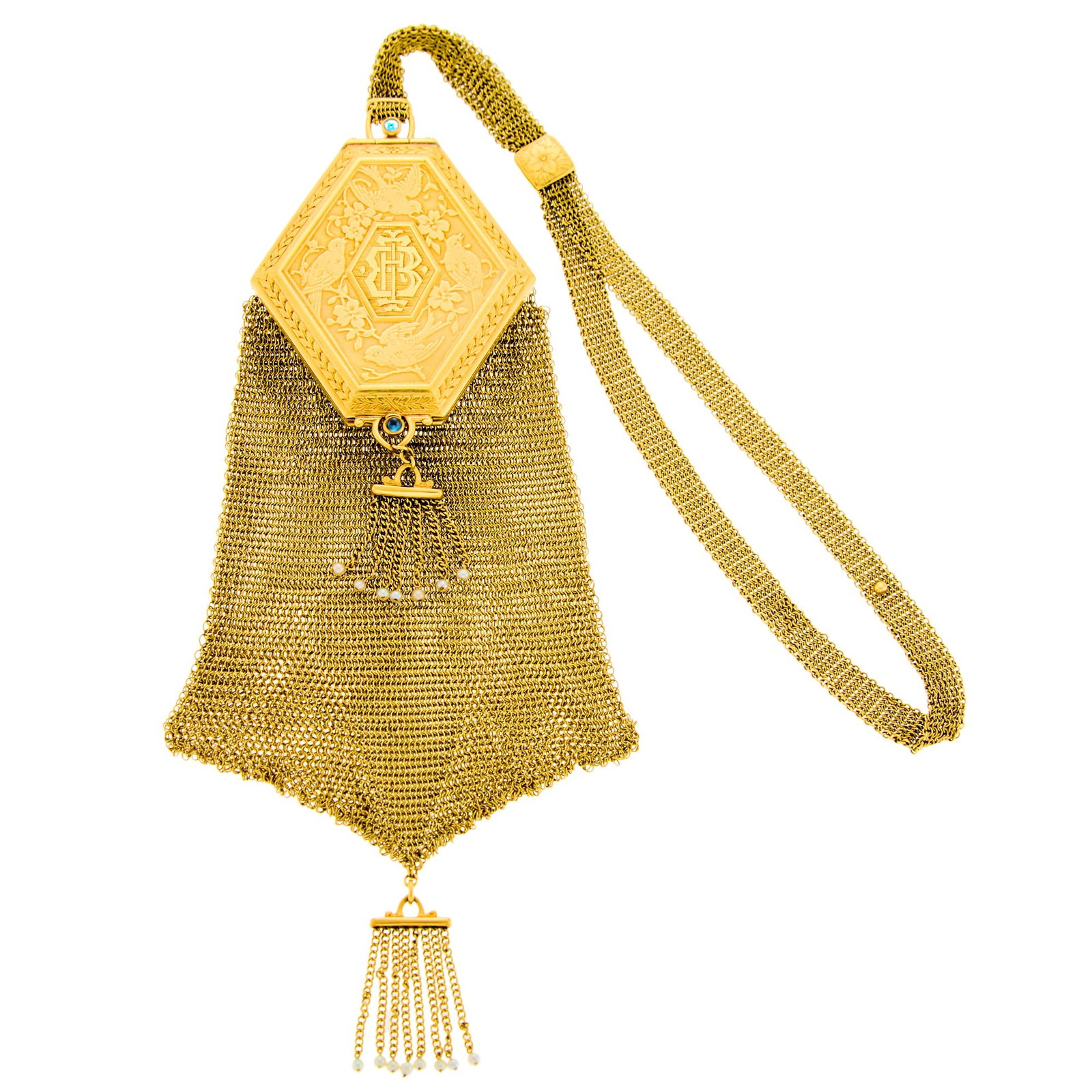 Antique Gold, Cabochon Sapphire and Seed Pearl Purse and Compact Case: 14 kt., inner compartment with mirror, 2 small cabochon sapphires, seed pearls, with monogrammed initials, ap. 49.5 dwts. gross. Handle inner cir. 9 inches. Two sections of chain mail unattached at