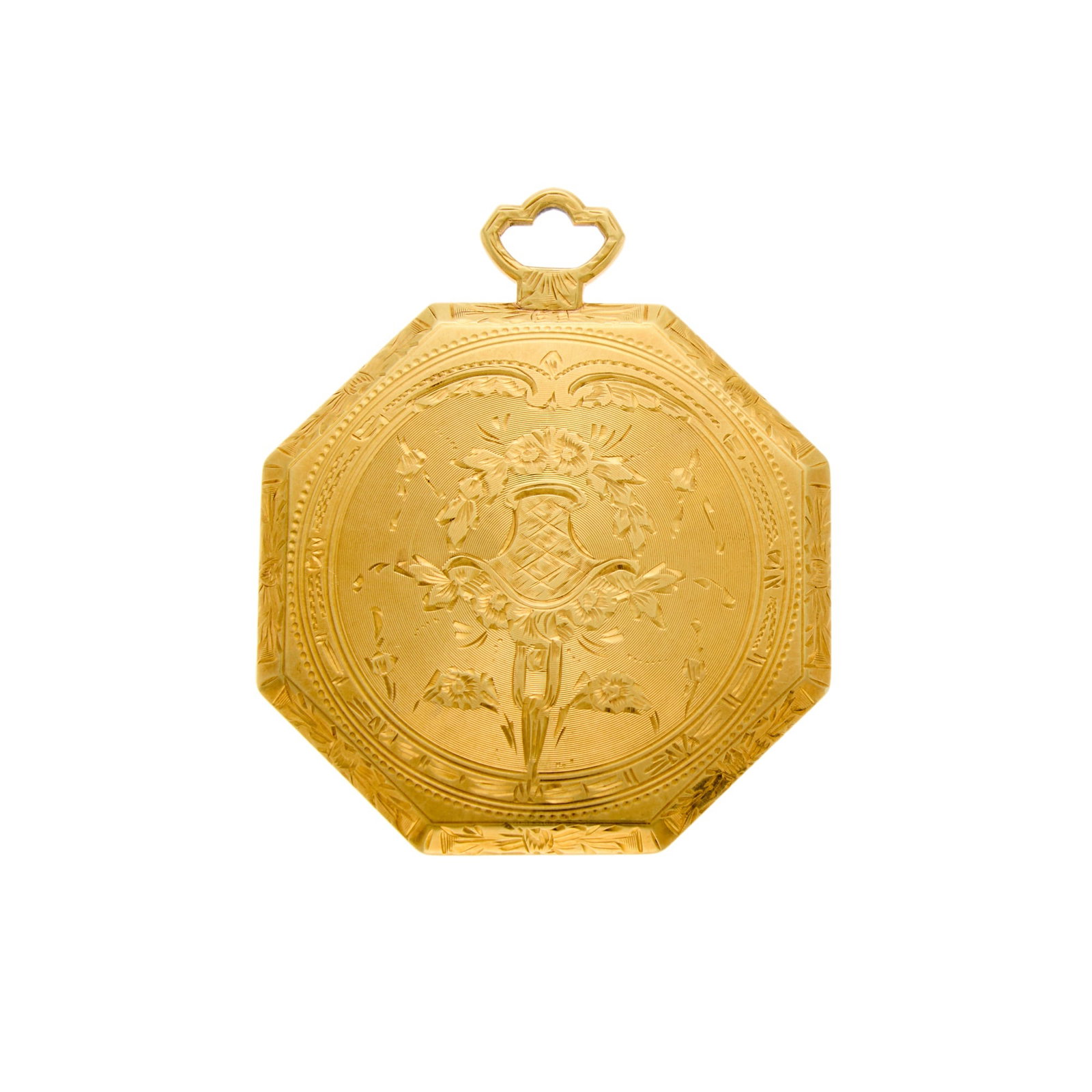 Gold Mirror: One circular mirror, ap. 25.4 dwts. gross. Gold tests as 14 kt. Just under 3 x 2 7/16 inches.