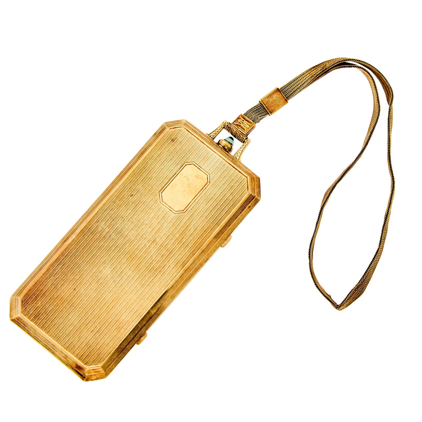 Gold and Cabochon Sapphire Compact: One oval cabochon sapphire ap. 4.8 x 3.8 mm., interior with mirror and two compartments, ap. 47.8 dwts. gross. Handle inner cir. 7 1/2 inches. Tests as 14 kt. Warm patina throughout. Kinks in handle