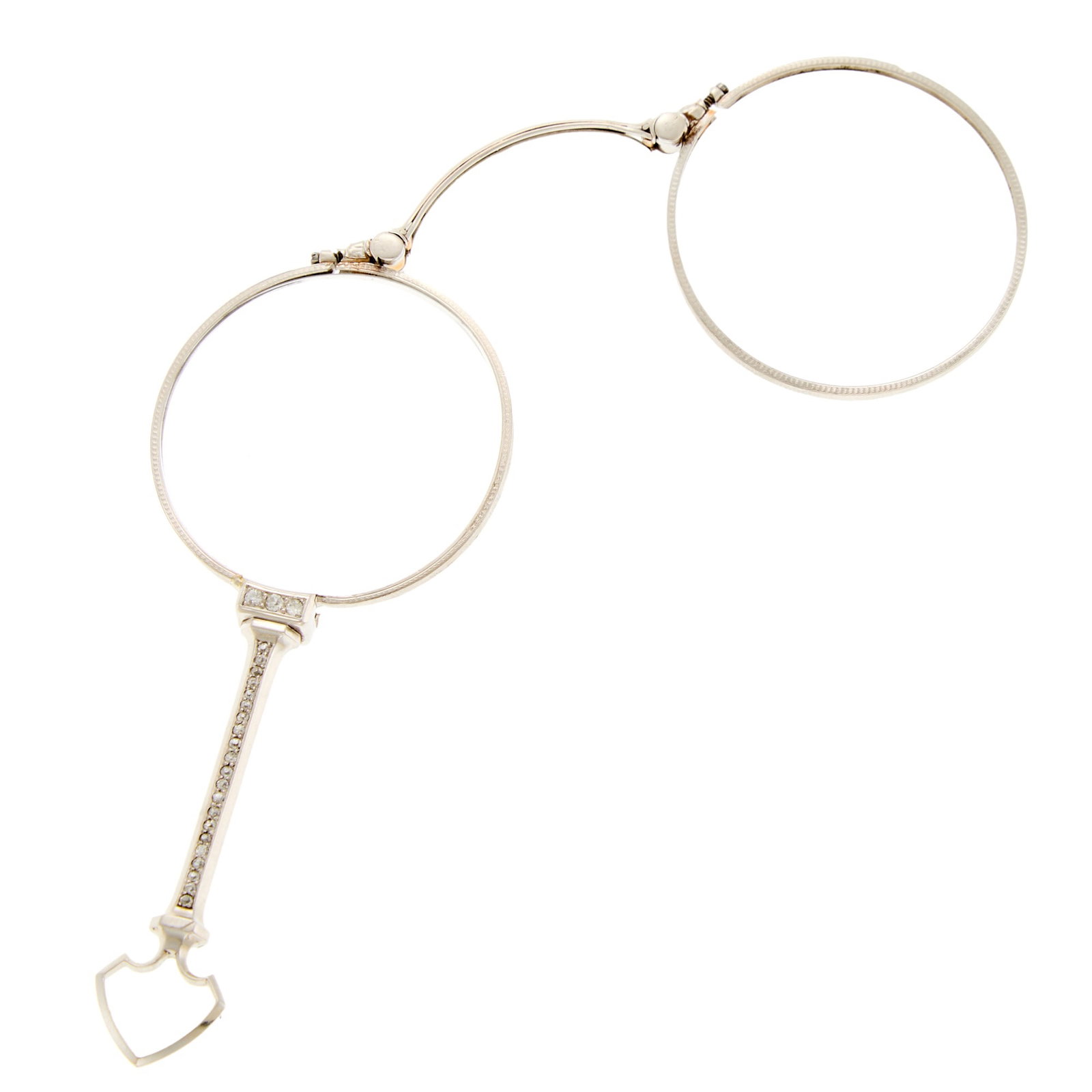 White Gold and Diamond Lorgnette: One bifocal glass lens, one lens missing, 24 old European-cut diamonds ap. .40 ct., ap. 13.5 dwts. gross. White gold tests as 18 kt. One lens missing. Frame slightly bent. Push button does not
