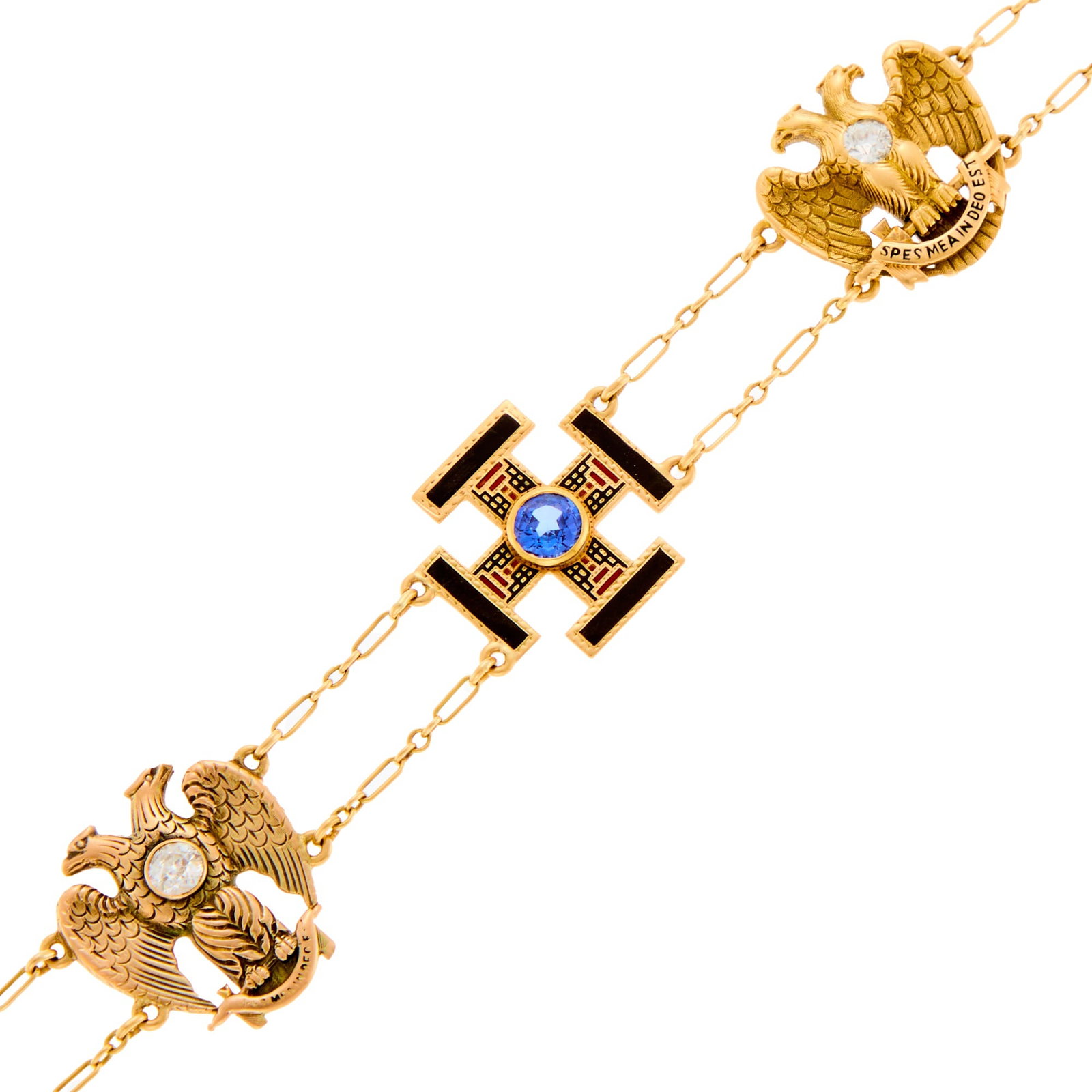 Gold, Diamond, Synthetic Sapphire and Red and Black Enamel Freemason Charm Bracelet: 2 old European-cut diamonds ap. 1.05 cts., one round synthetic sapphire, black and red enamel, moderate enamel loss, personal inscription at back of one charm, ap. 16.7 dwts. Inner cir. 7 inches.