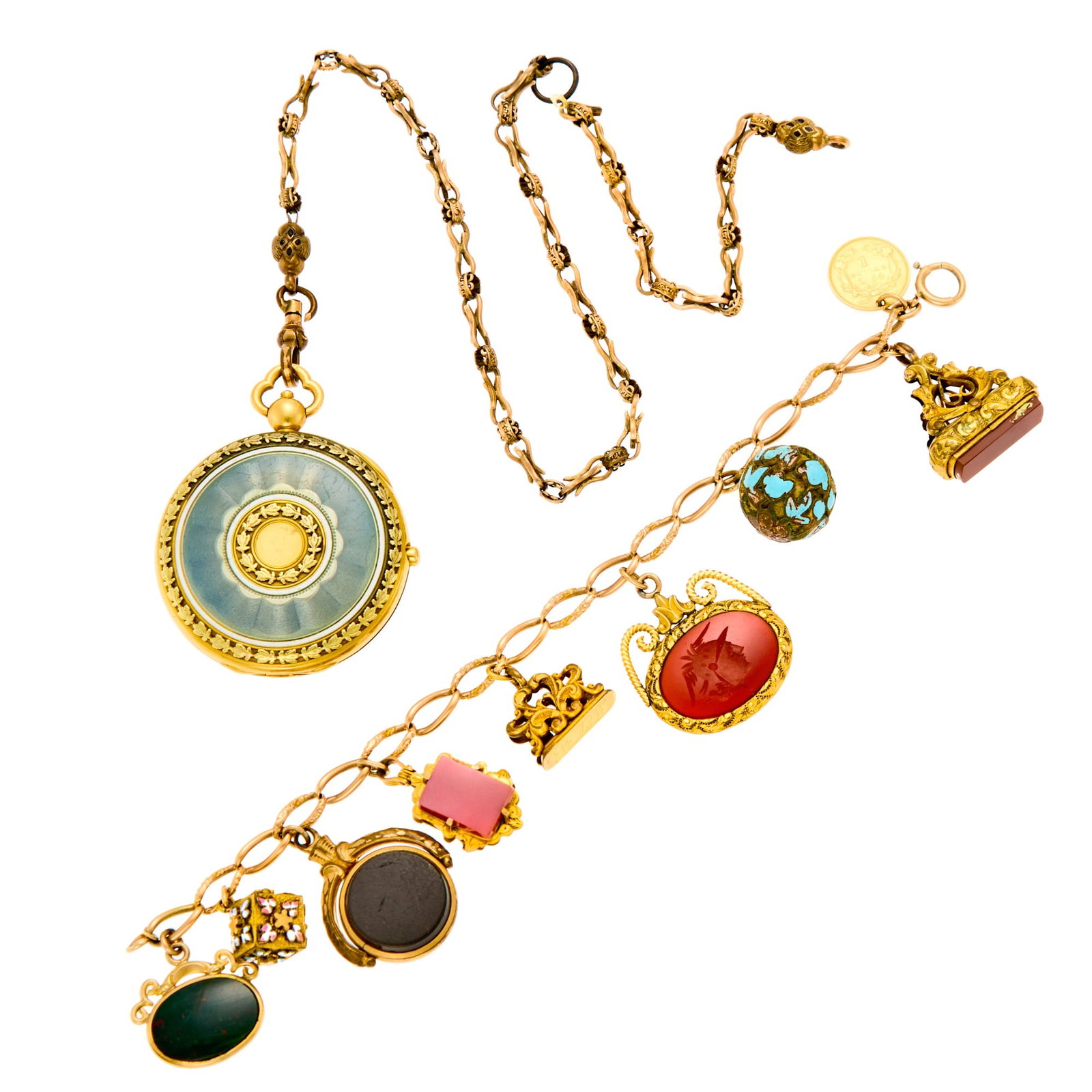 Antique Gold-FIlled, Gold and Hardstone Charm Bracelet and Gold and Enamel Pendant-Compact with: Sardonyx, black onyx, bloodstone and carnelian slices, multi-colored enamel, heavy enamel loss to charms and scratches to compact, compact with interior compartment and mirror, compact ap. 35.2 dwts.