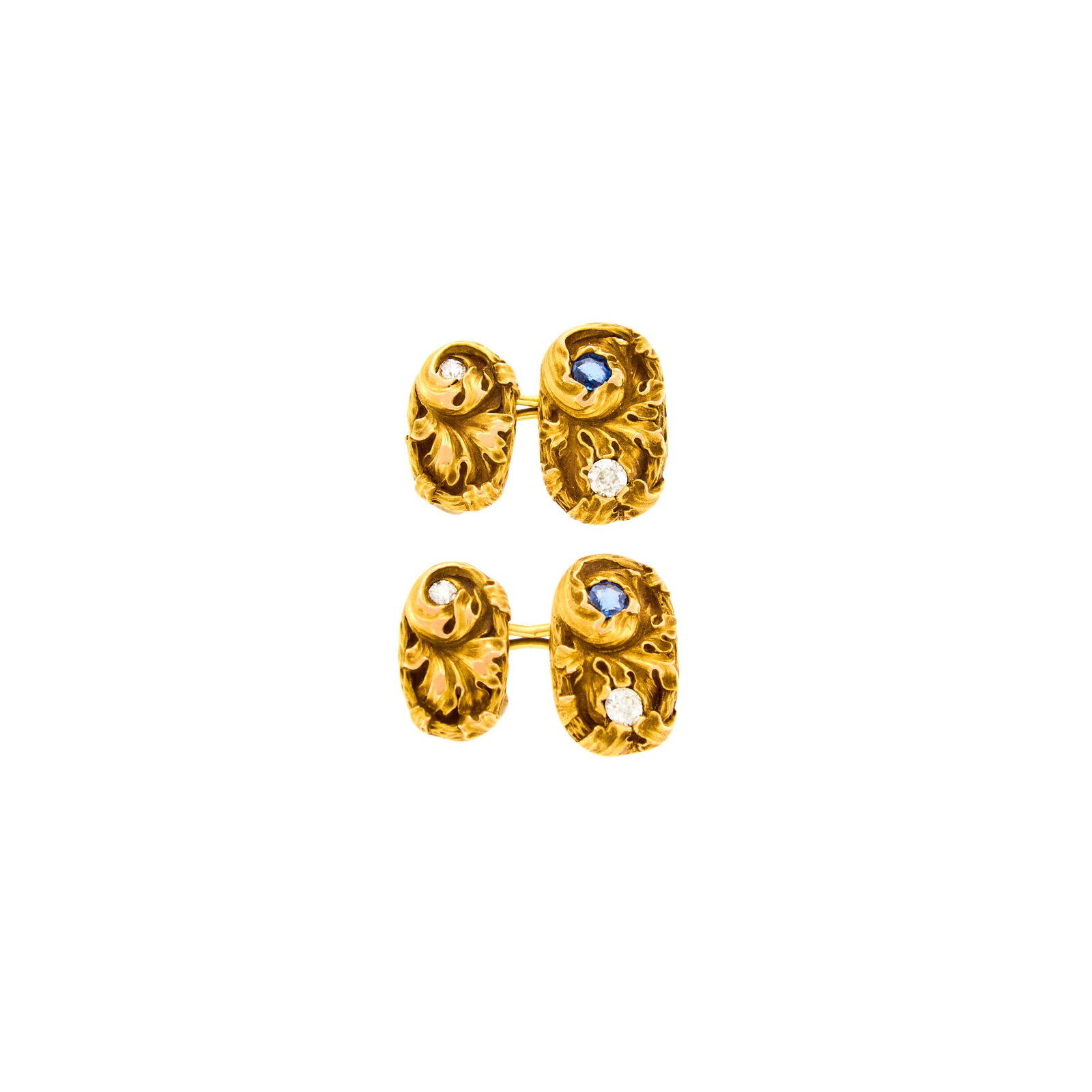 Shreve & Co, Pair of Gold, Sapphire and Diamond Cufflinks: 14 kt., 2 round sapphires ap. 1.10 cts., 4 old European-cut diamonds ap. .55 ct.,