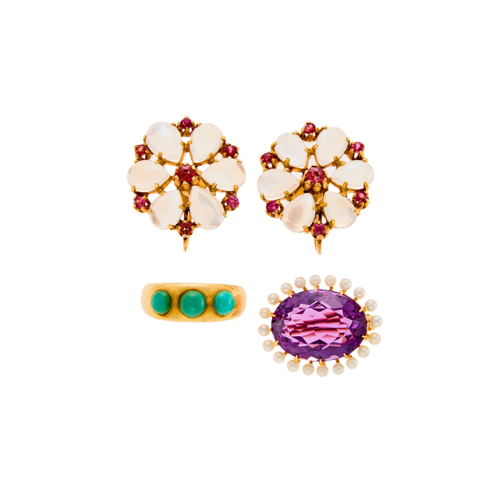 Group of Gold, Amethyst, Moonstone, Rhodolite, Turquoise and Cultured Pearl Jewelry (1 of 1)