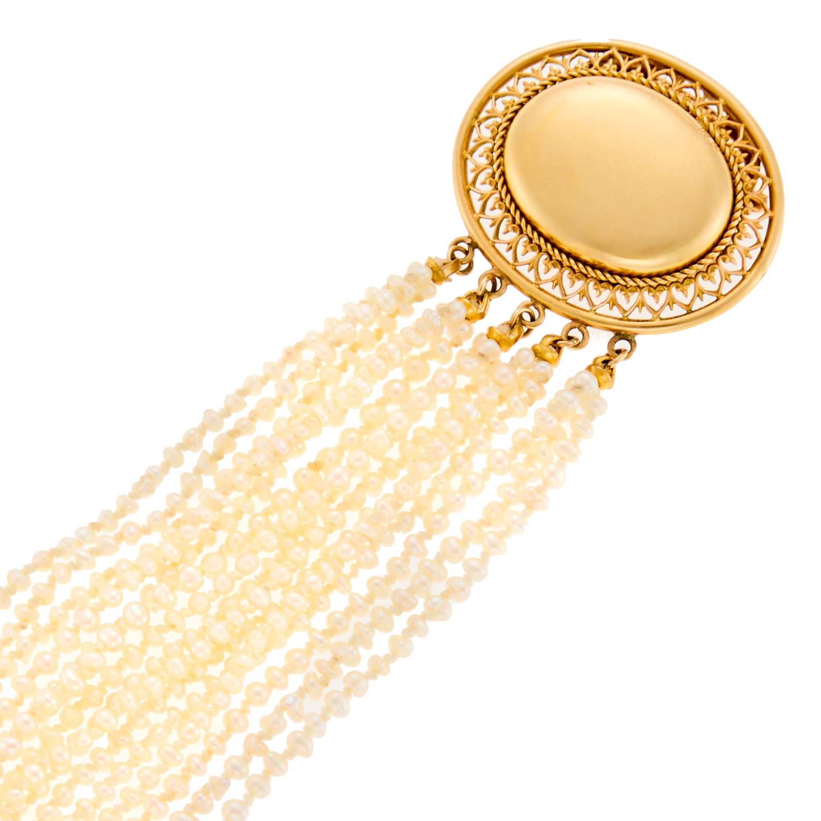 Multistrand Freshwater Pearl Bracelet with Gold Clasp: 14 kt., multistrands of freshwater pearls ap. 2.5 to 2.0 mm., ap. 13.3 dwts. gross. Inner cir. 6 1/4 inches. Pearls: whitish-cream body, pink overtone, irregular shapes, good luster. Clasp: 1 5/16 to