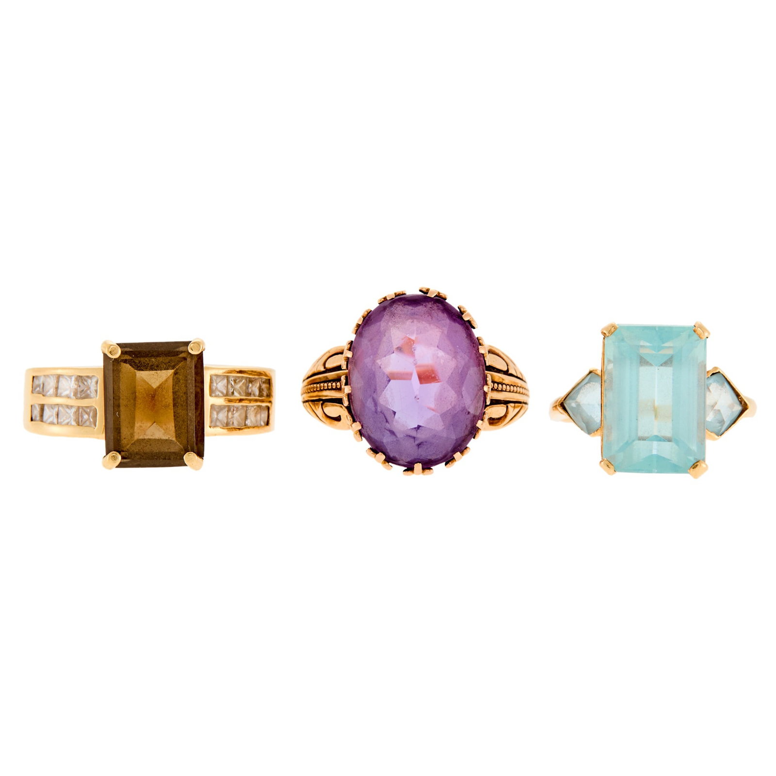 Three Gold, Amethyst, Aquamarine, Smoky Quartz and Diamond Rings (1 of 2)
