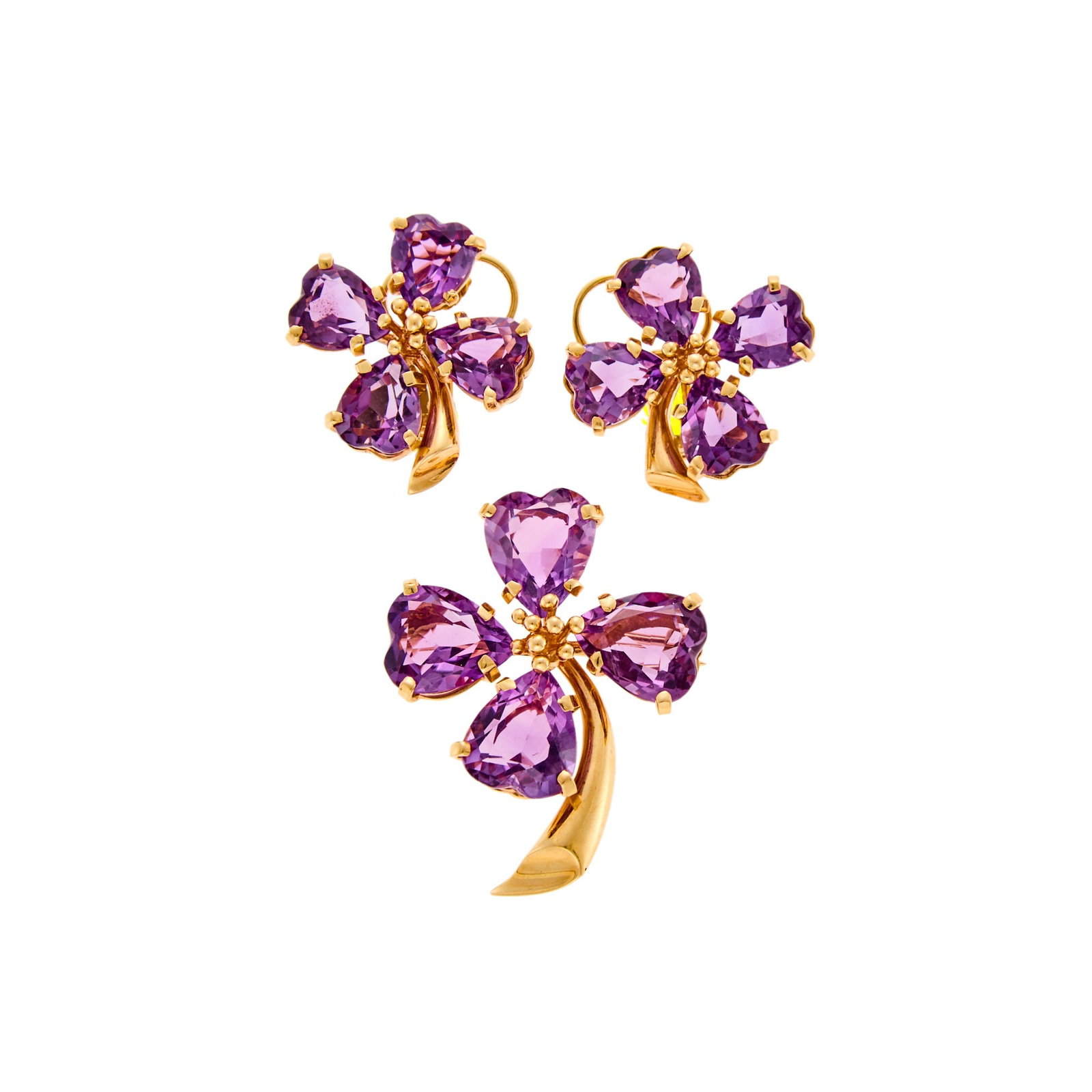 Pair of Gold and Amethyst 'Flower' Earrings and Brooch: 14 kt., 12 heart-shaped amethysts, ap. 20 dwts. gross. Amethysts: medium purple, cleanish, lively. Clip-backs. 1 x 1 inch. Brooch: 1 9/16 x 1 1/4 inch.