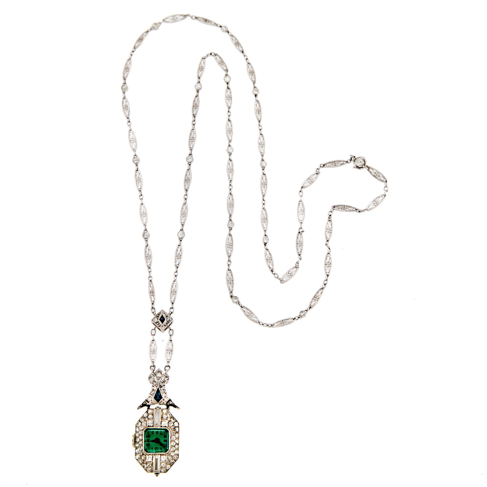Platinum, Emerald, Sapphire and Diamond Pendant-Watch: Mechanical, square dial, black Arabic numerals, emerald crystal, case dia. ap. 22 x 15 mm., 61 single-cut and 17 old European-cut diamonds ap. 2.10 cts., 2 baguette diamonds ap. .50 ct., 4 square-shap