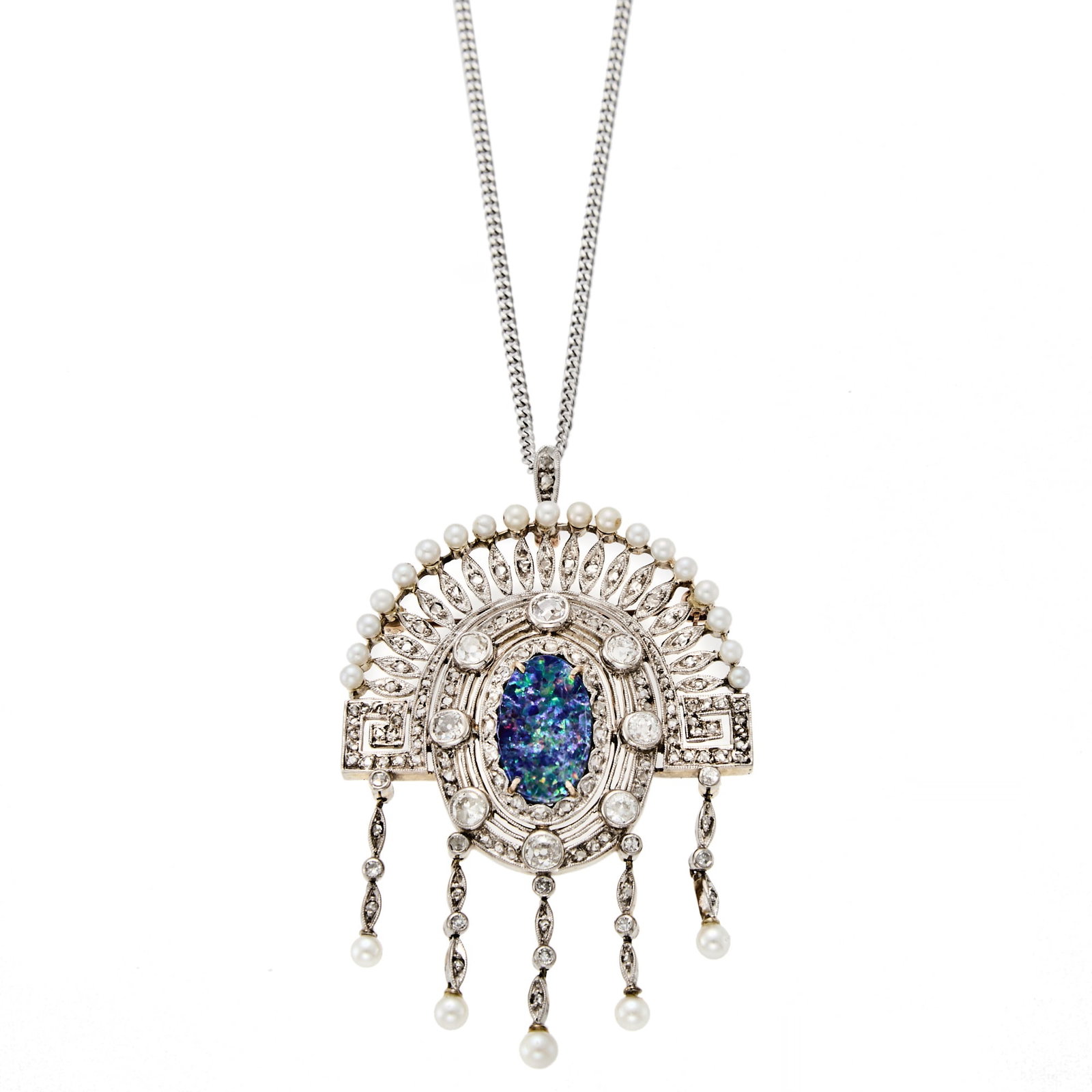 Platinum-Topped Gold, Opal Doublet, Diamond, and Pearl Pendant-Brooch with White Gold Chain Necklace: 14 kt., one oval opal doublet ap. 14.4 x 8.3 mm., 8 old European-cut diamonds ap. 1.15 cts., additional rose-cut and single-cut diamonds, one missing, pearls ap. 3.3 to 2.2 mm., ap. 12.7 dwts. Length