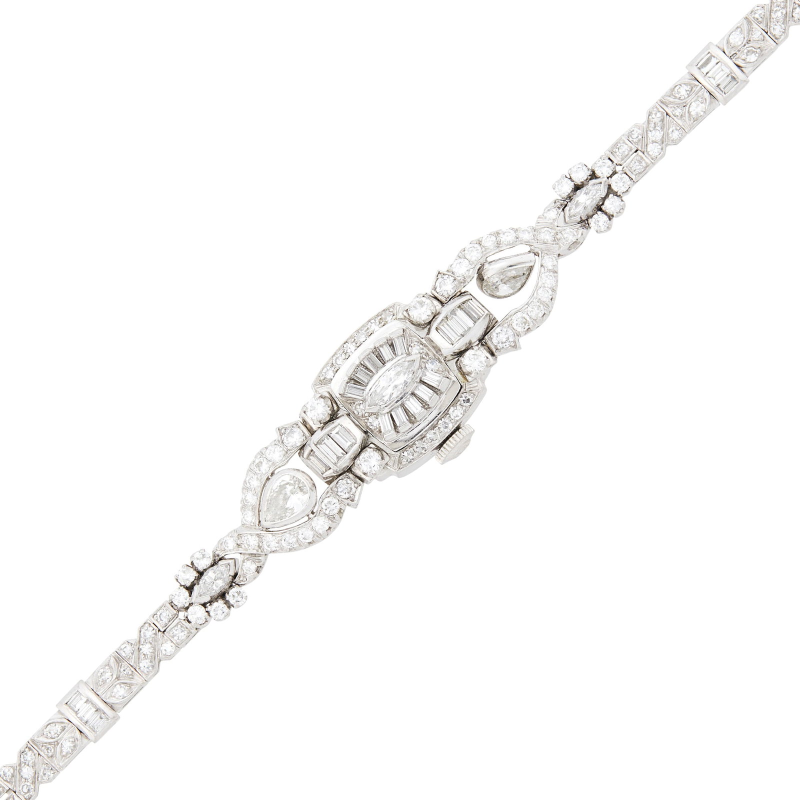Hamilton Platinum and Diamond Bracelet-Watch: Mechanical, silver-tone cushion-shaped dial with baton markers and Arabic numerals at quarter hours, round, baguette, marquise and pear-shaped diamonds ap. 4.45 cts., dial and movement signed