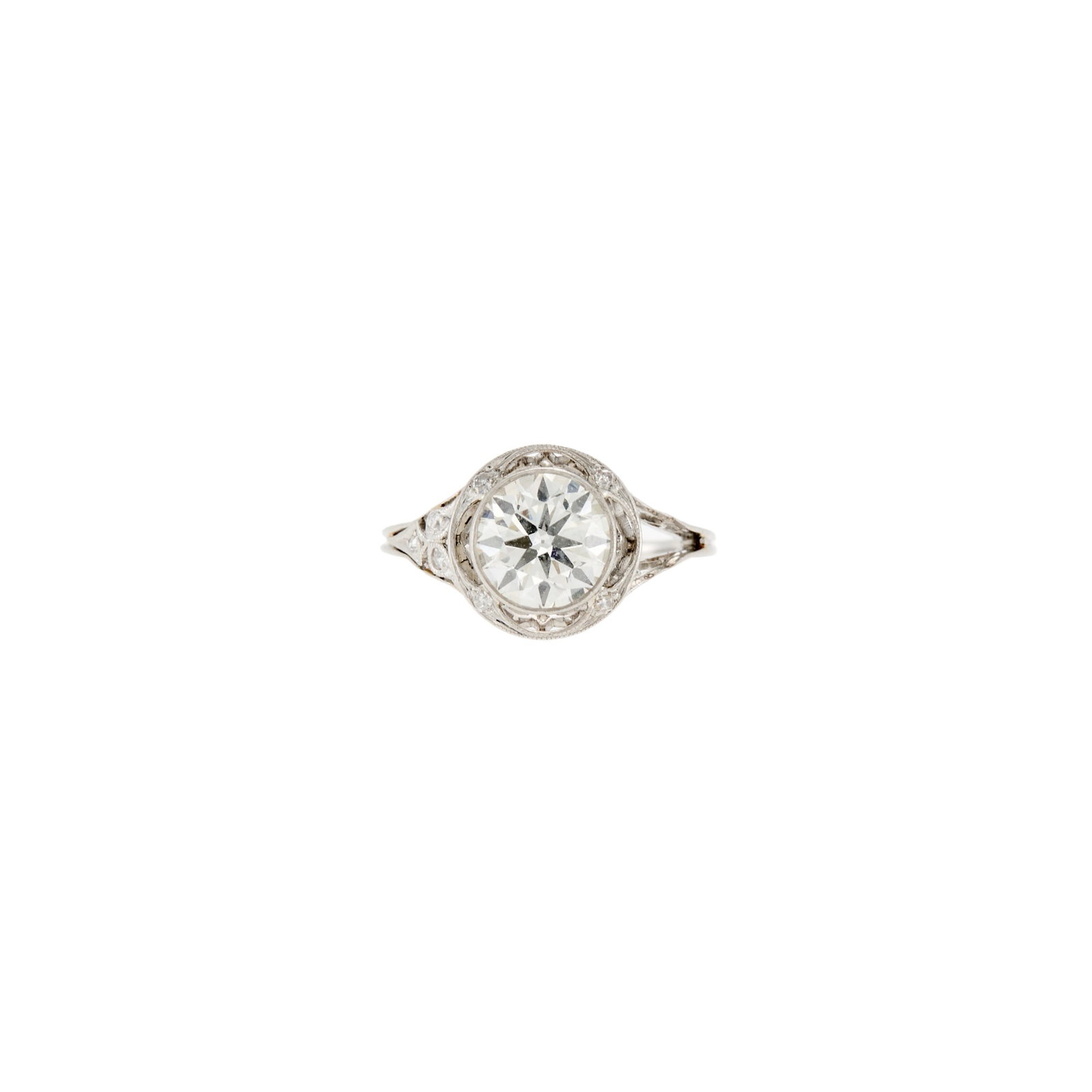 Platinum and Diamond Ring: One transitional-cut diamond ap. 1.55 ct., small single-cut diamonds, one section of 3 diamonds missing, ap. 2.4 dwts. Size 5 1/2. One section of three diamonds missing in shank. Diamond: K-L-SI, no f