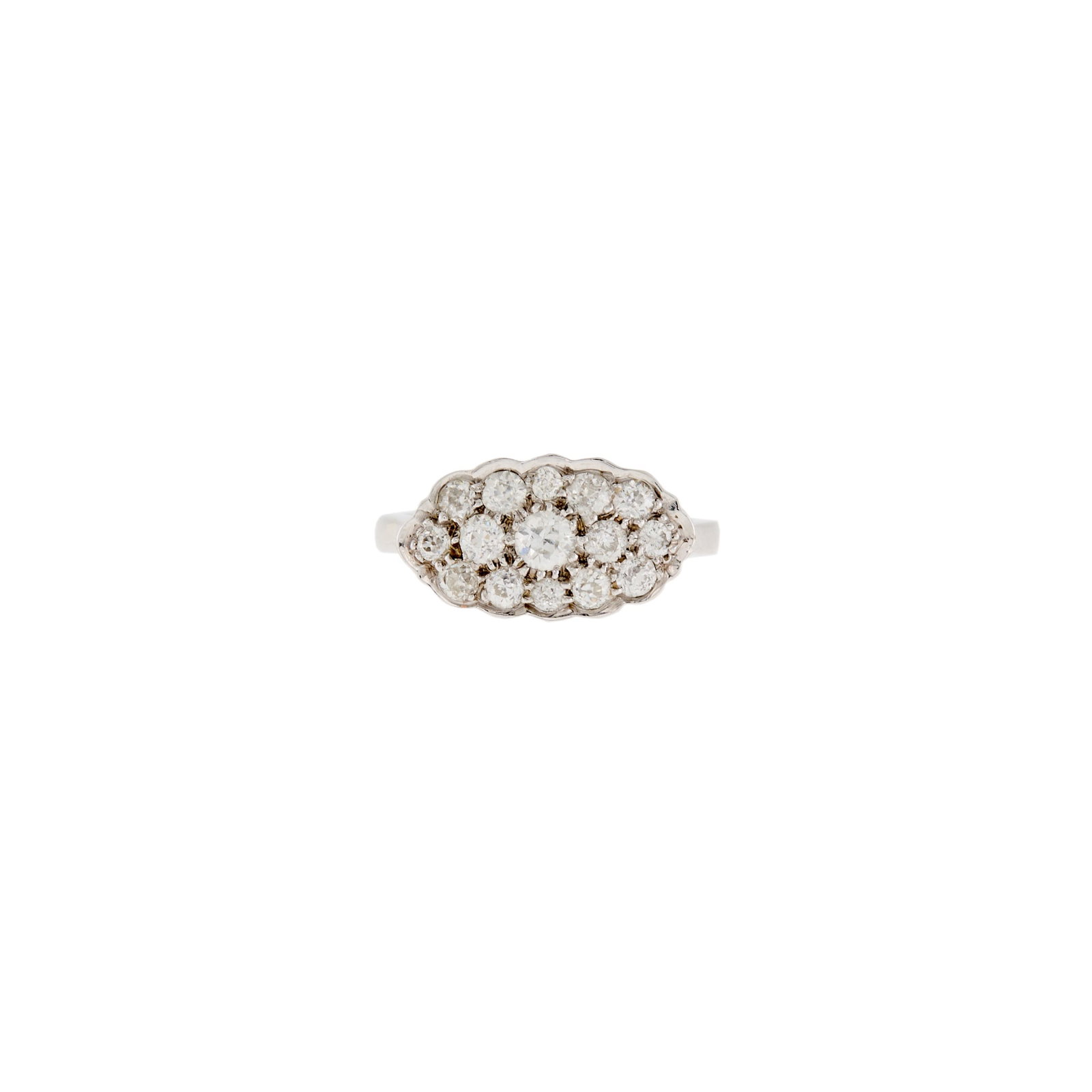White Gold and Diamond Ring: 14 kt., 15 old European-cut diamonds ap. .90 ct., ap. 2 dwts. Size 6 1/2. Diamonds: H-I-J-SI. Width 3/8 inch.