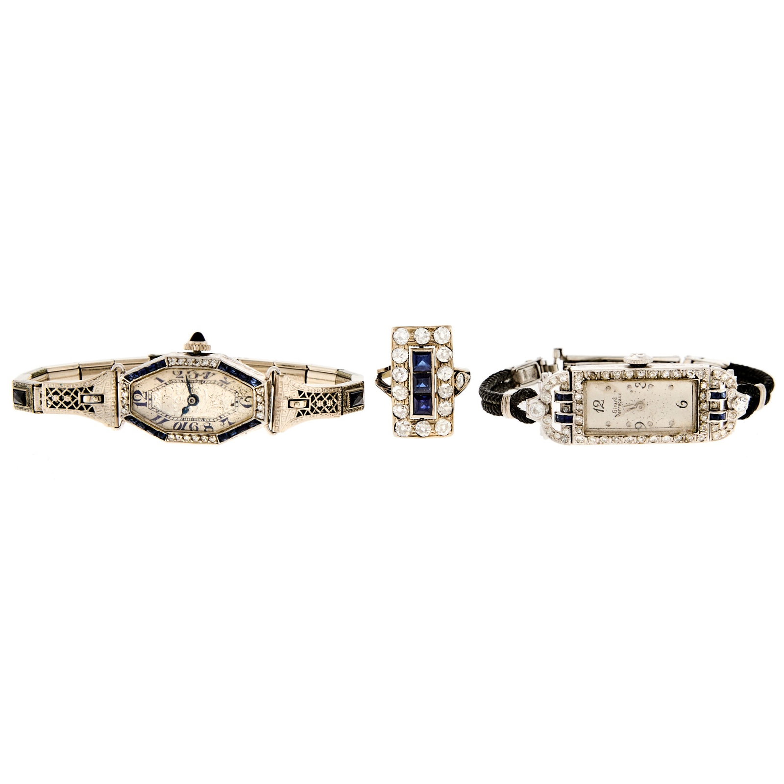 Two Platinum, Diamond and Sapphire Watches and White Gold, Diamond and Synthetic Sapphire Ring: Mechanical, rectangular silver-tone dial, black Arabic numerals and dot hour markers, case dia. ap. 23 x 13 mm., cord bracelet with white gold-filled depoloyant clasp, dial signed Girard Perregaux,