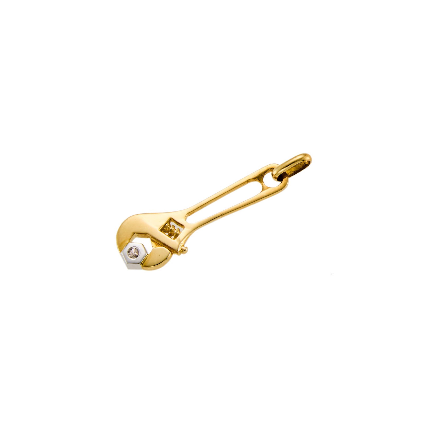 Two-Color Gold and Colored Diamond Monkey Wrench Charm: One round brown diamond ap. .05 ct., ap. 2.7 dwts. The colored diamond has not been tested for treatment. Tests as 18 kt. yellow and white gold. Colored diamond: light brown-SI. 1 1/2 (with loop) x