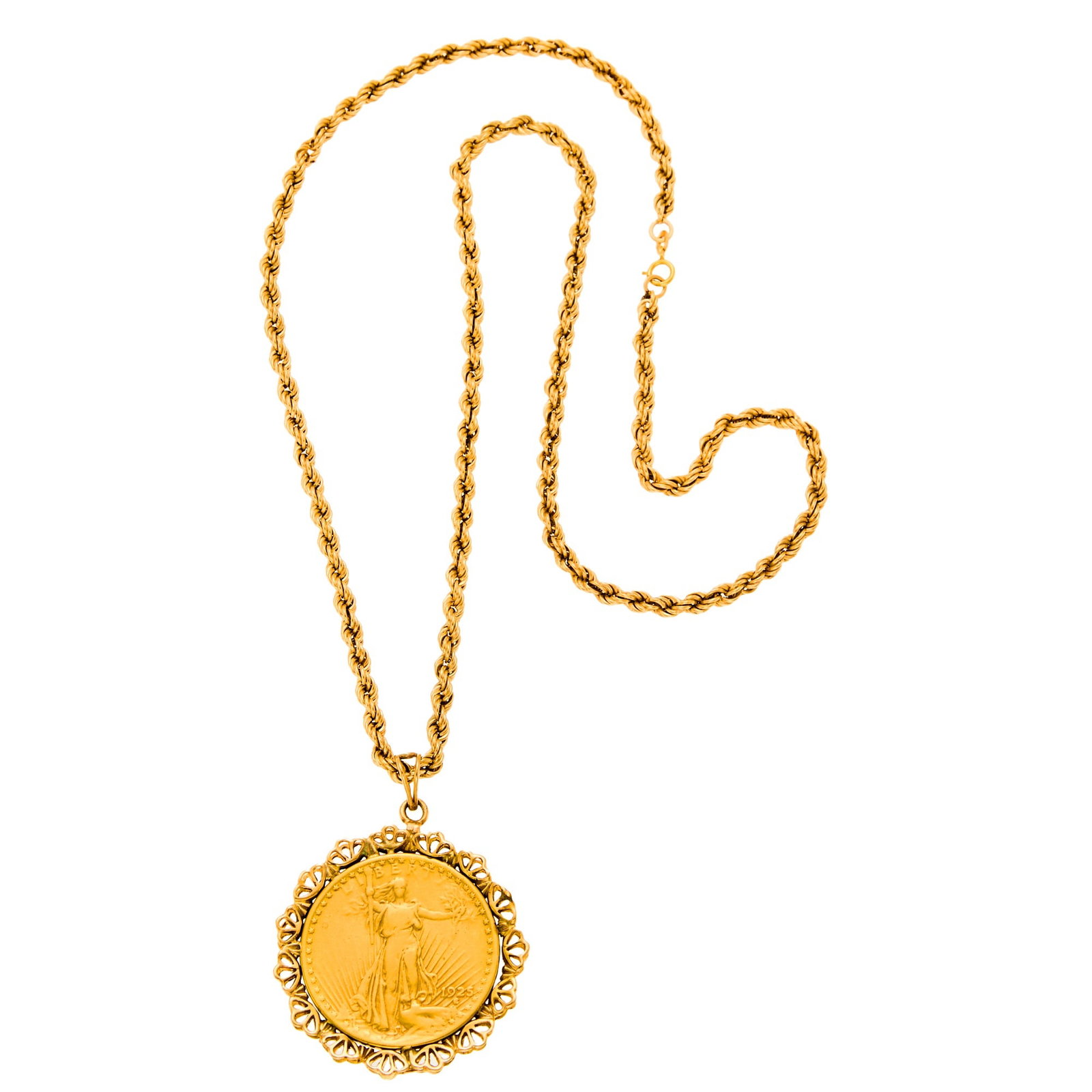 Gold and Gold Coin Pendant with Chain Necklace: 14 kt., one United States gold coin, 34.7 dwts. gross. Length 24 inches. Pendant frame tests as 14 kt. gold. Pendant: 2 1/4 (with loop) x 1 3/4 inches. Chain width: 1/8 inch.