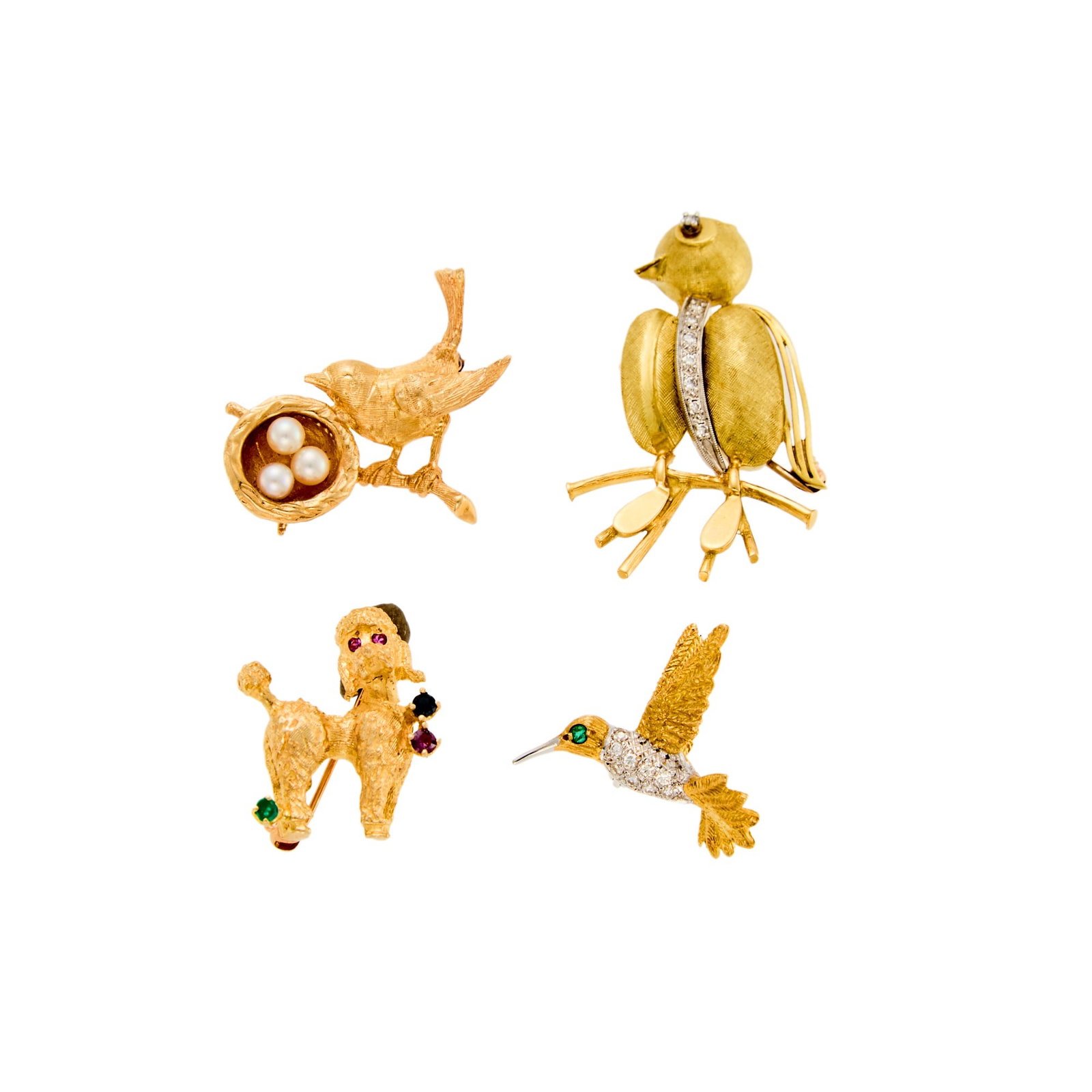 Group of Gold, White Gold, Gem-Set and Cultured Pearl Animal Brooches: 18 and 14 kt., small round diamonds, small round ruby, emeralds and sapphires, pearls ap. 3.3 mm., ap. 13 dwts. gross. Varyious sizes.