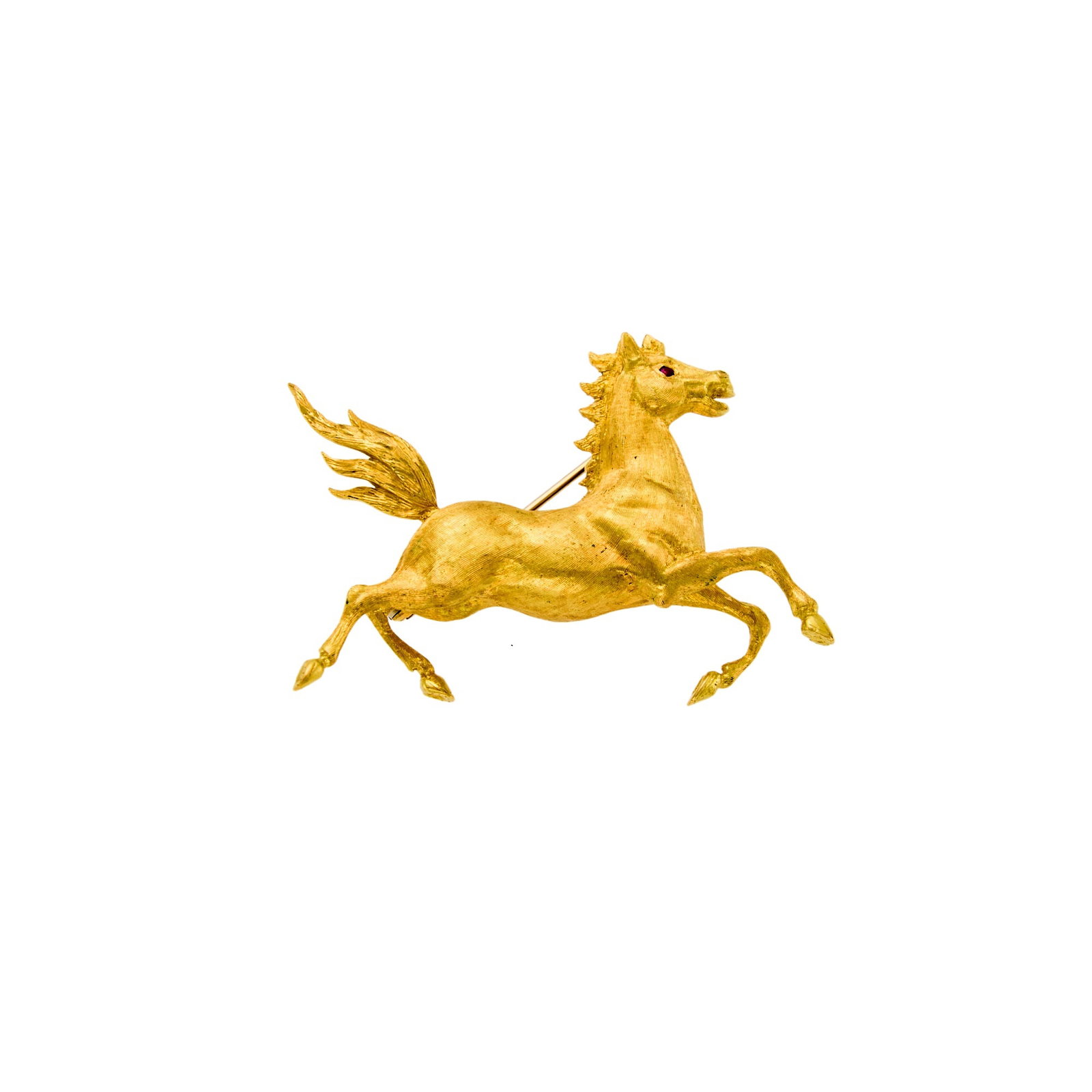 Gold and Ruby Horse Brooch: 18 kt., one small round ruby eye, with English assay marks, ap. 12.3 dwts. 1 3/8 x 2 inches.