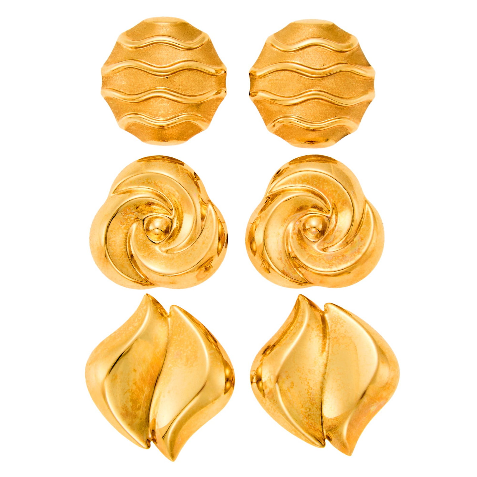 Three Pairs of Gold Earrings: 14 kt., ap. 14.8 dwts. gross. Clip-backs and posts. Lengths: 1 1/4 to 7/8 inch.