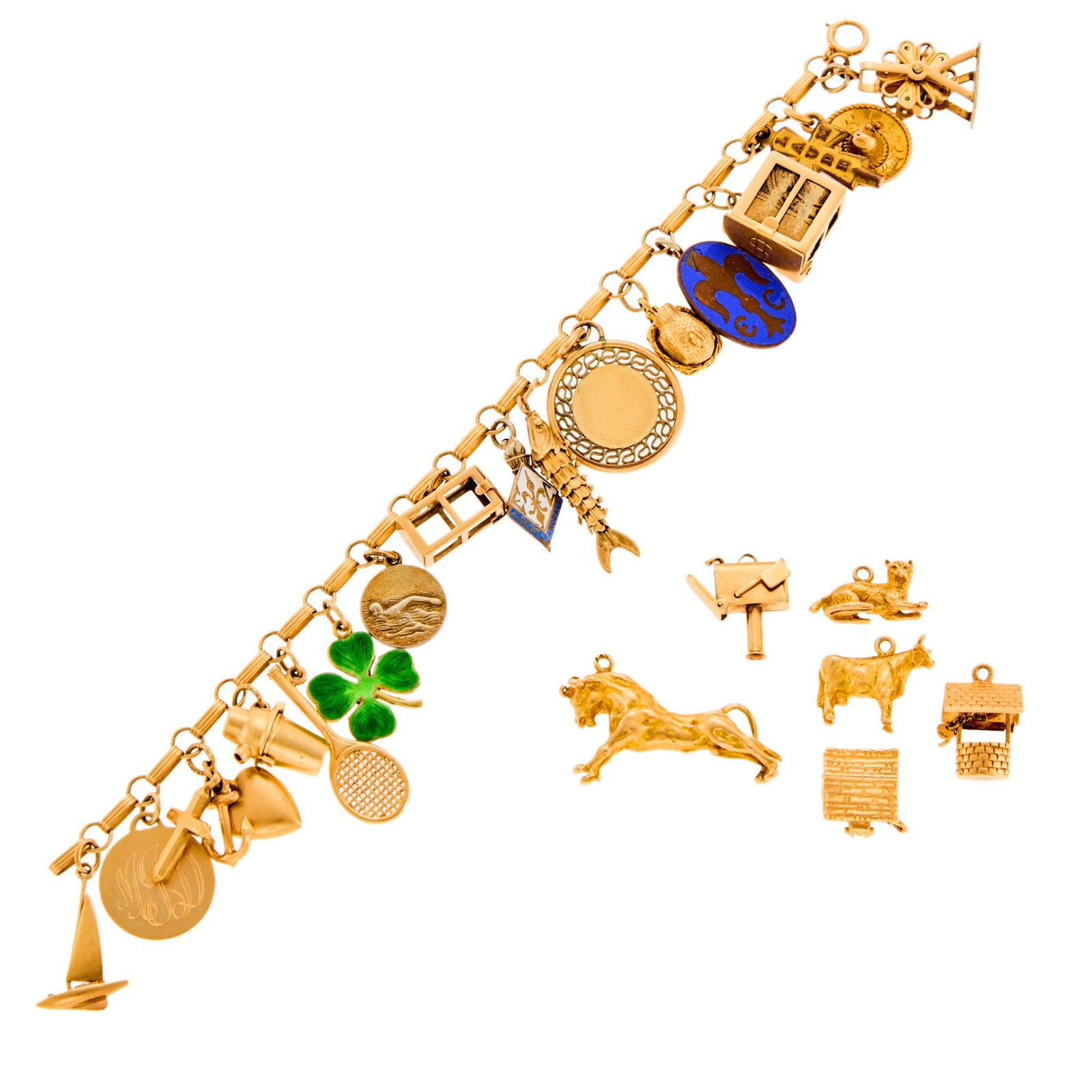Gold, Gilt-Metal, Metal and Enamel Charm Bracelet and Additional Charms: 14 kt., vari-colored enamel, many with heavy enamel loss, ap. 40 dwts. gross. Inner cir. 6 3/4 inches. Various levels of condition.