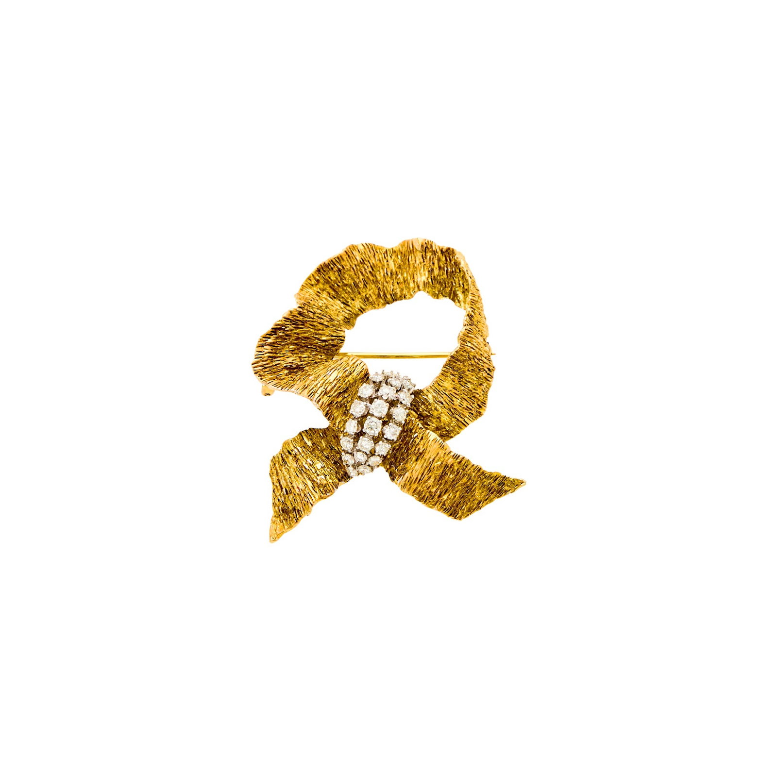 Two-Color Gold and Diamond Bow Brooch: 14 kt. yellow and white gold, 22 round diamonds ap. 1.10 cts., ap. 13 dwts. Diamonds: I-J-VS-SI. 1 7/8 x 1 1/2 inches.
