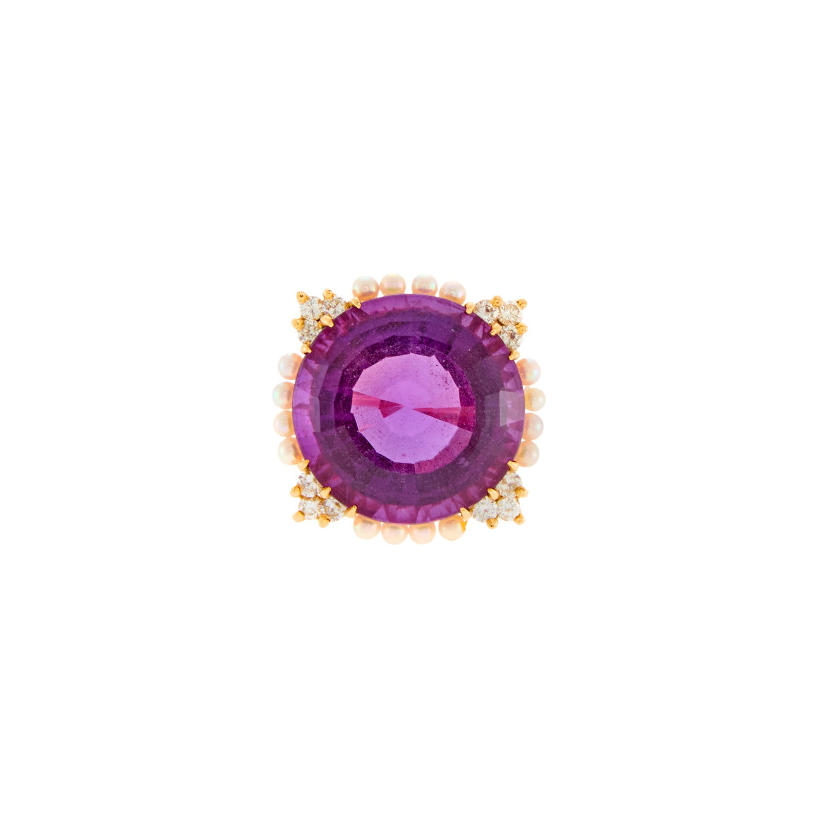 Gold, Amethyst, Diamond, and Cultured Pearl Ring: One round amethyst ap. 20.00 cts., 12 round diamonds ap. .60 ct., small cultured pearls ap. 2.5 to 2.3 mm., ap. 7.2 dwts. Size 6 1/2. Tests as 14 kt. gold. Amethyst: deep purple with lighter purple hi