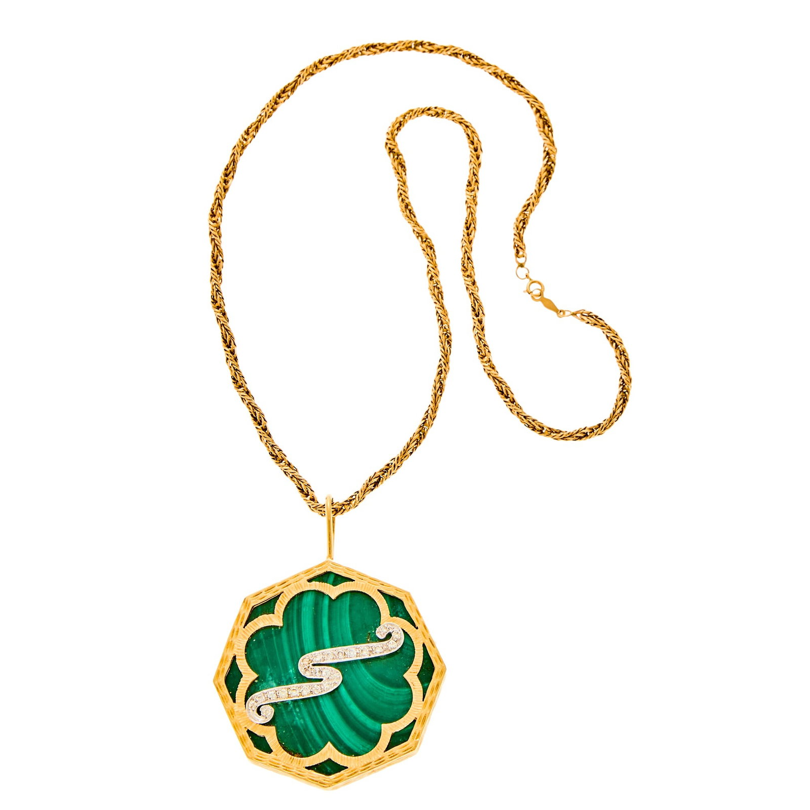 Gold, Platinum, Malachite and Diamond Pendant with Chain Necklace: One octagonal-cut malachite slice, 23 round diamonds ap. .90 ct., ap. 32.4 dwts. gross. Length 19 inches. Pendant tests as 14 kt. Malachite: dark to light green, opaque. Diamonds: J-K-L-SI. Pendant: