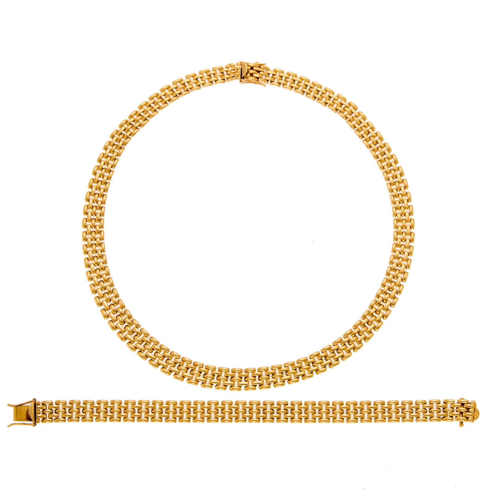 Gold Link Necklace and Bracelet: 14 kt., with maker's mark, ap. 40.3 dwts. Lengths 16 1/4 and 7 inches. Width 3/8 inch.