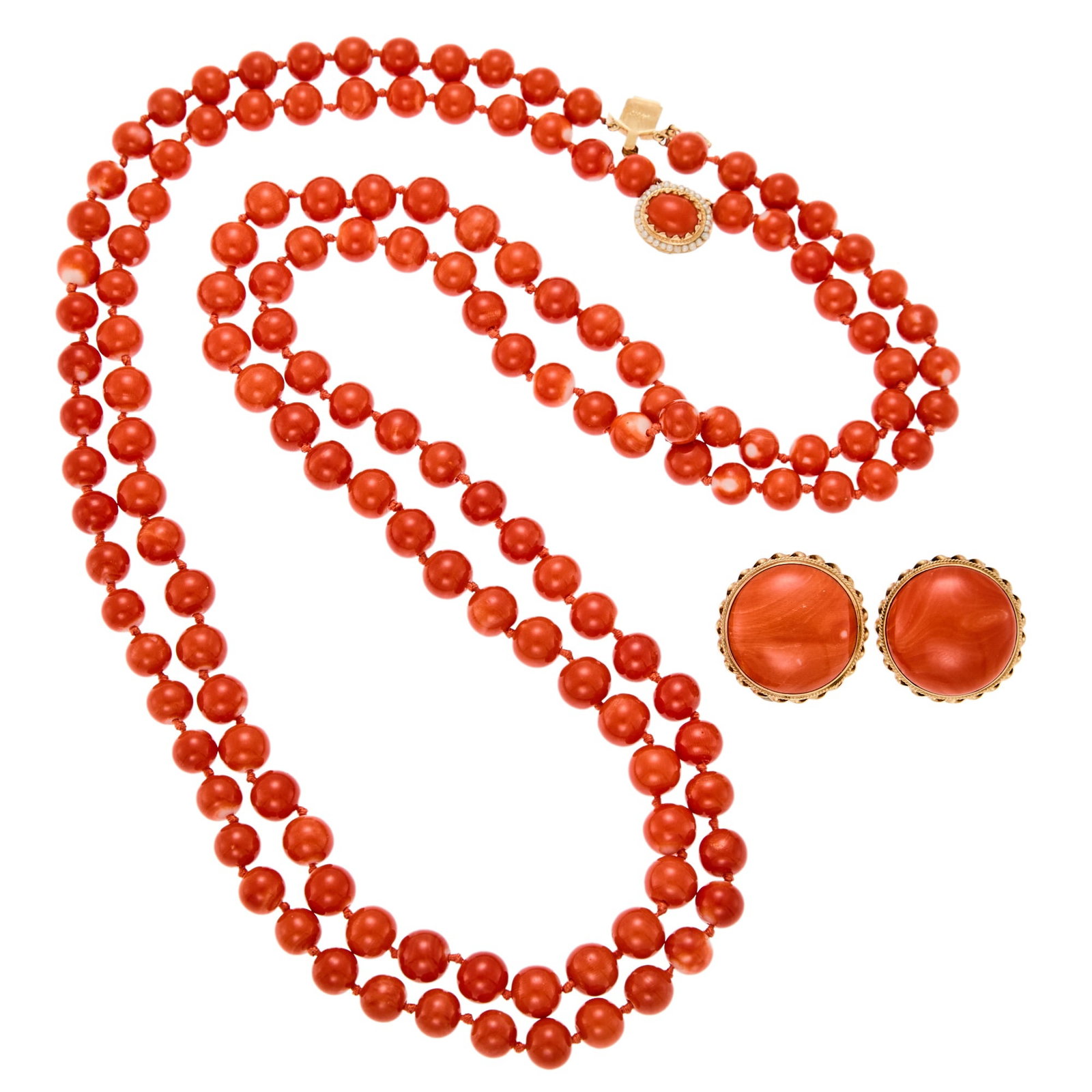 Double Strand Coral Bead Necklace with Gold, Coral and Seed Pearl Clasp and Pair of Coral Earrings (1 of 1)