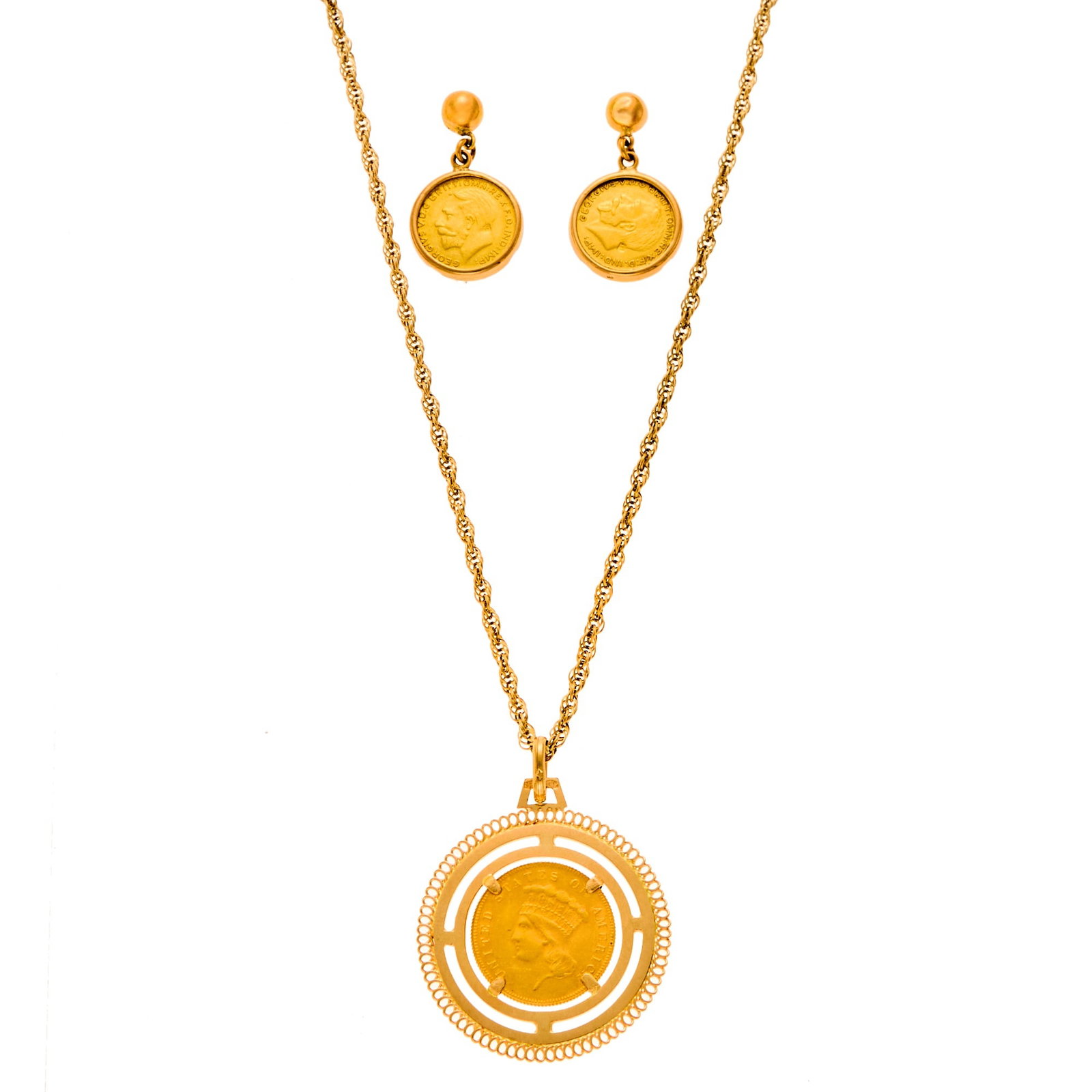 Gold and Gold Coin Pendant with Chain Necklace and Pair of Pendant-Earrings (1 of 1)