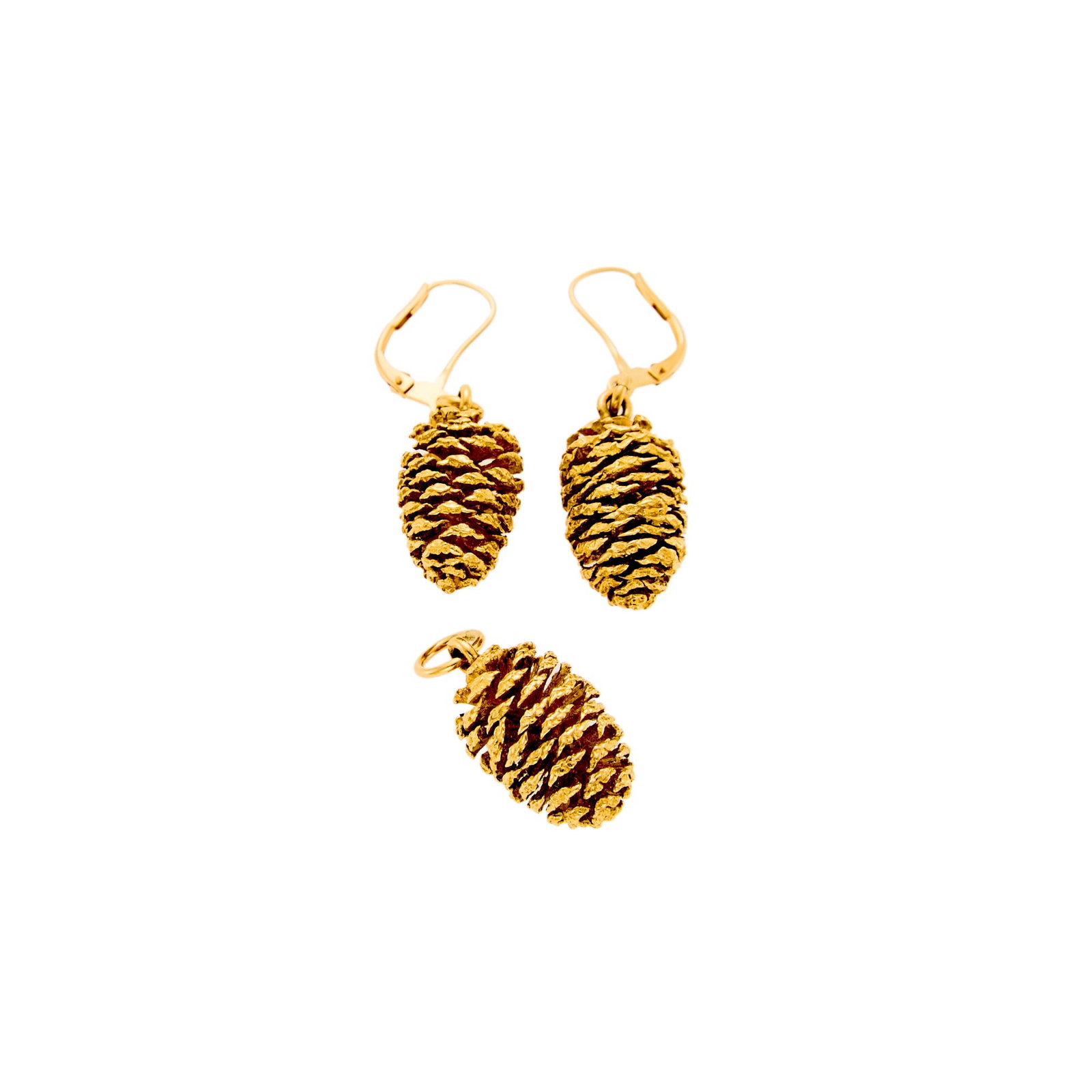Pair of Gold Pine Cone Pendant-Earrings and Pendant: 14 kt., ap. 10.6 dwts. gross. Stamped or tests as 14 kt. gold. Lever-backs. 1 3/8 x 3/8 inch. Pendant: 1 (with loop) x 3/8 inch.
