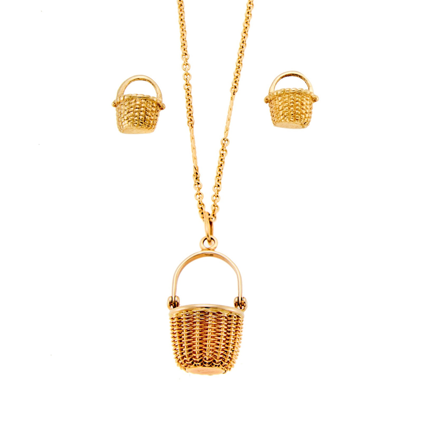 Gold Basket Pendant with Chain Necklace and Pair of Stud Earrings: 14 kt., basket interior engraved with 'I'm a tiny Nantucket basket handwoven and stout, don't lose me or abuse me and I'll never wear out', basket signed American Scrimshaw, ap. 5.7 dwts. gross.