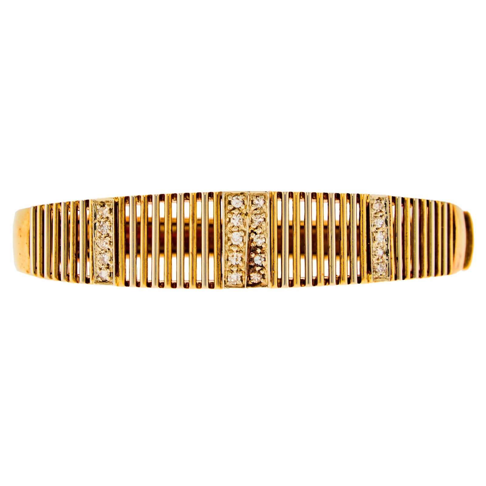 Two-Color Gold and Diamond Bangle Bracelet: 18 kt. yellow and white gold, single-cut diamonds ap. .50 ct., with Italian mark, ap. 21.2 dwts. Inner cir. 6 1/4. Warm patina throughout. Minor discoloration near exterior hinge and clasp. Dark