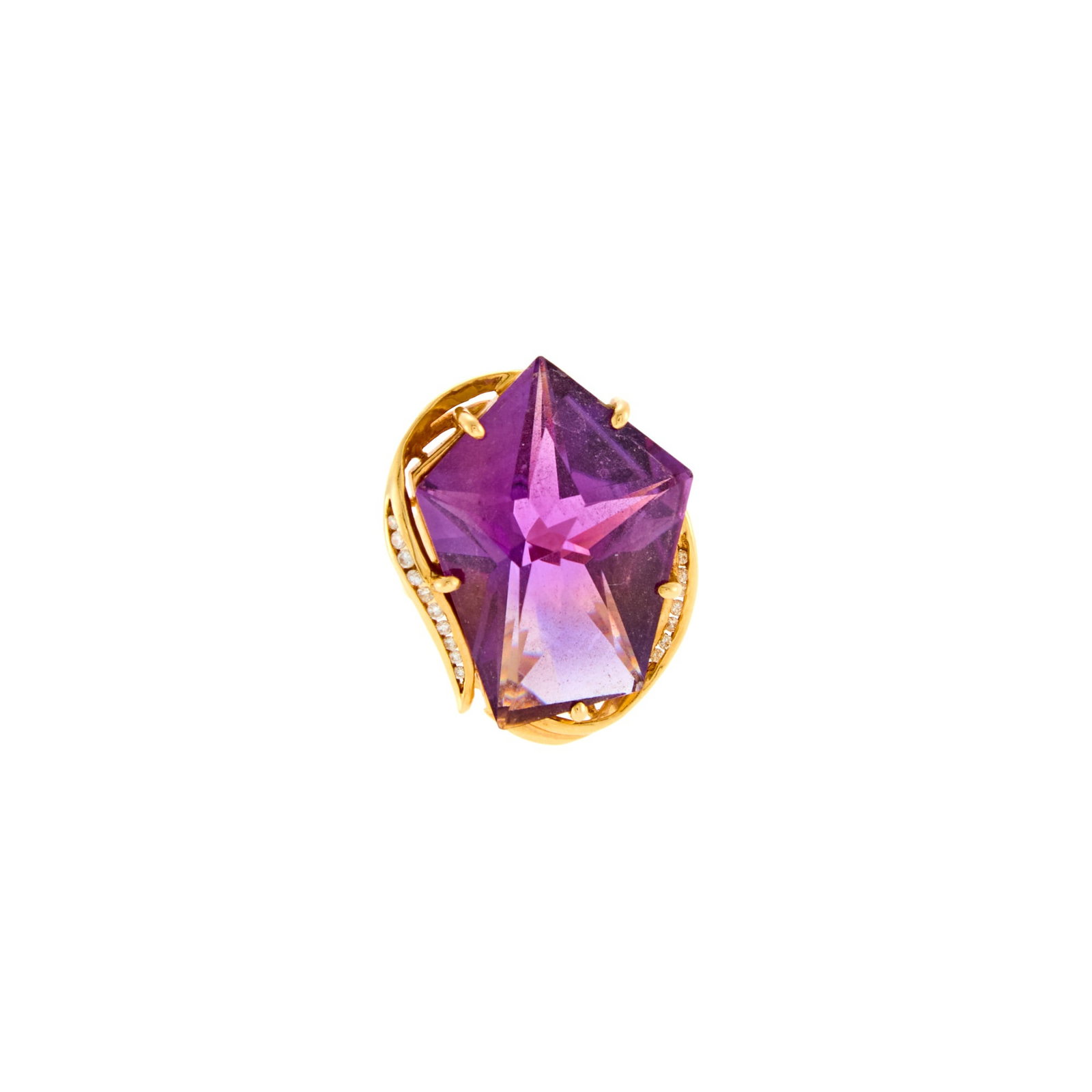 Two-Color Gold, Amethyst and Diamond Ring: 14 kt., one fancy-cut amethyst ap. 31 x 23 mm., 17 round diamonds ap. .25 ct., ap. 11 dwts. Size 7. Amethyst: deep purple, cleanish, lively. Diamonds: H-I-SI. Width 1 3/16 inch.