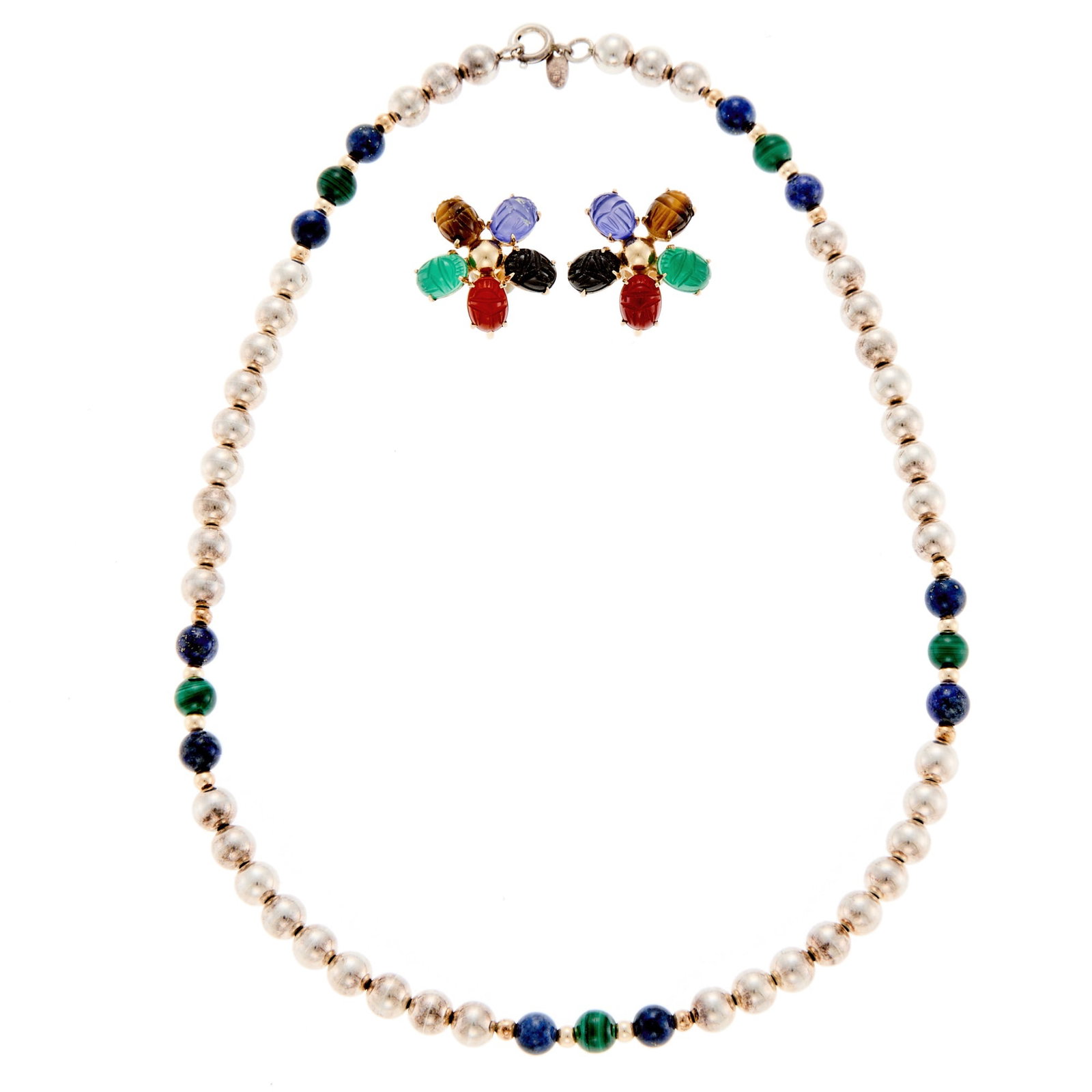 Pair of Gold and Carved Colored Stone Scarab Earclips and Silver, Gold, Lapis and Malachite Bead (1 of 1)