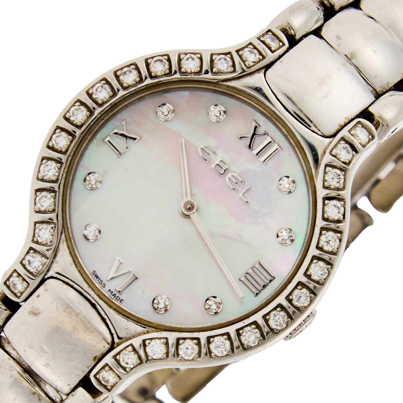 Ebel Lady's Steel, Mother-of-Pearl and Diamond 'Beluga' Wristwatch: Quartz, circular mother-of-pearl dial applied with Arabic numerals at 12, 3, 6 and 9 o'clock and diamond hour markers, case dia. ap. 27 mm., diamond bezel ap. .55 ct., link bracelet with deployant