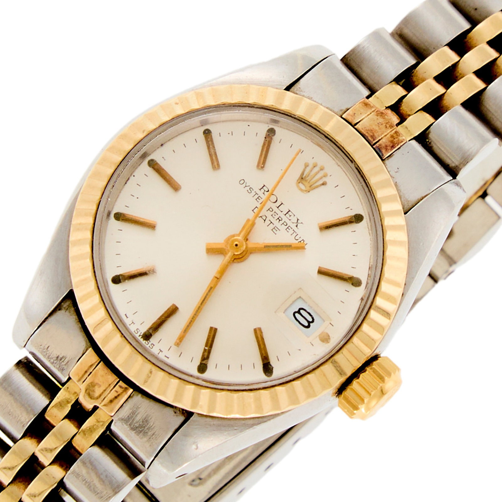 Rolex Lady's Steel and Gold 'Oyster Perpetual Date' Wristwatch: Automatic, circular silvered dial with applied baton markers, date subsidiary dial, screw-down crown, acryllic crystal, case dia. ap. 27 mm., president bracelet with deployant clasp, dial and clasp