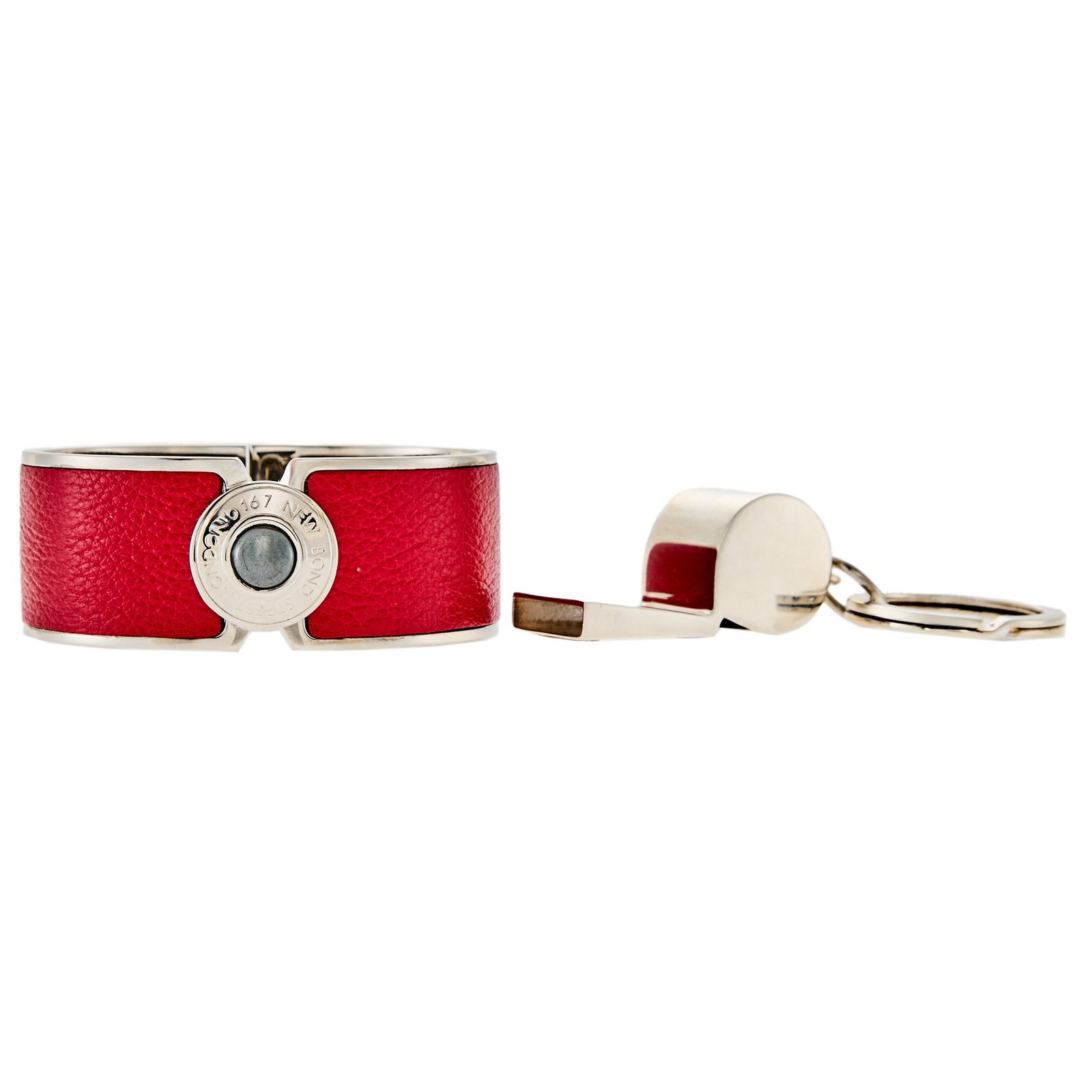 Asprey Palladium-Plated, Hematite and Leather Bangle Bracelet and Silver Whistle Key Chain: Red leather, one cabochon hematite, both signed Asprey, whistle with English assay marks, silver ap. 15.4 dwts. Inner cir. 6 3/4 inches. With signed pouch. Bracelet width 1 inch. Whistle: 3 1/4 (with