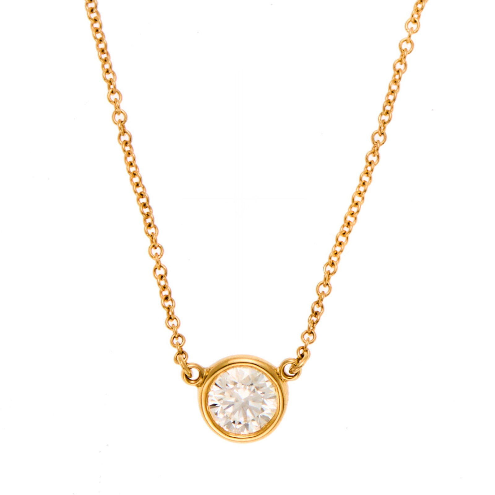 Tiffany & Co., Elsa Peretti Gold and Diamond 'By the Yard' Pendant-Necklace: 18 kt., one round diamond ap. .50 ct., signed Tiffany & Co., Peretti, no. 75061935, ap. 1.4 dwts. Length 16 inches. Diamond: G-H-VS.