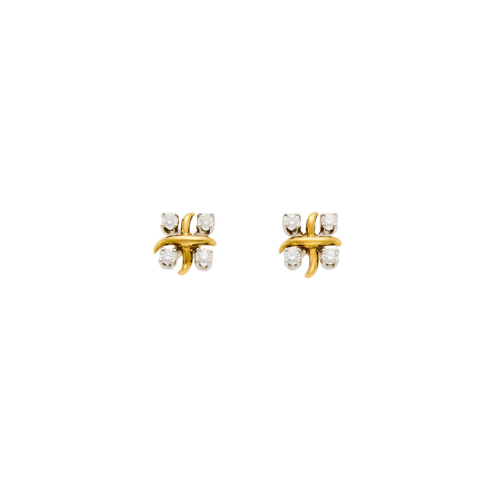 Tiffany & Co. Pair of Gold, Platinum and Diamond Earrings: 18 kt., 8 round diamonds ap. .25 ct., signed T&Co., ap. 2.3 dwts. Diamonds: G-H-VS. Posts. Avg. diameter 3/8 inch.