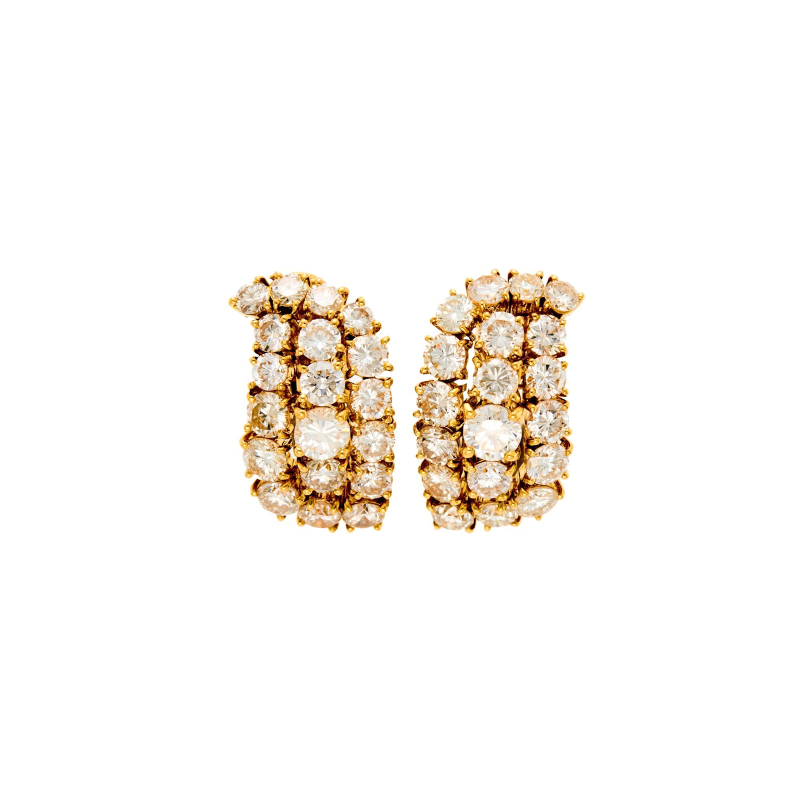 Pair of Gold and Diamond Earclips: 18 kt., 38 round diamonds ap. 6.10 cts., ap. 7 dwts. Diamonds: I-J-SI. Clip-backs and collapsible posts. 7/8 x 1/2 inch.