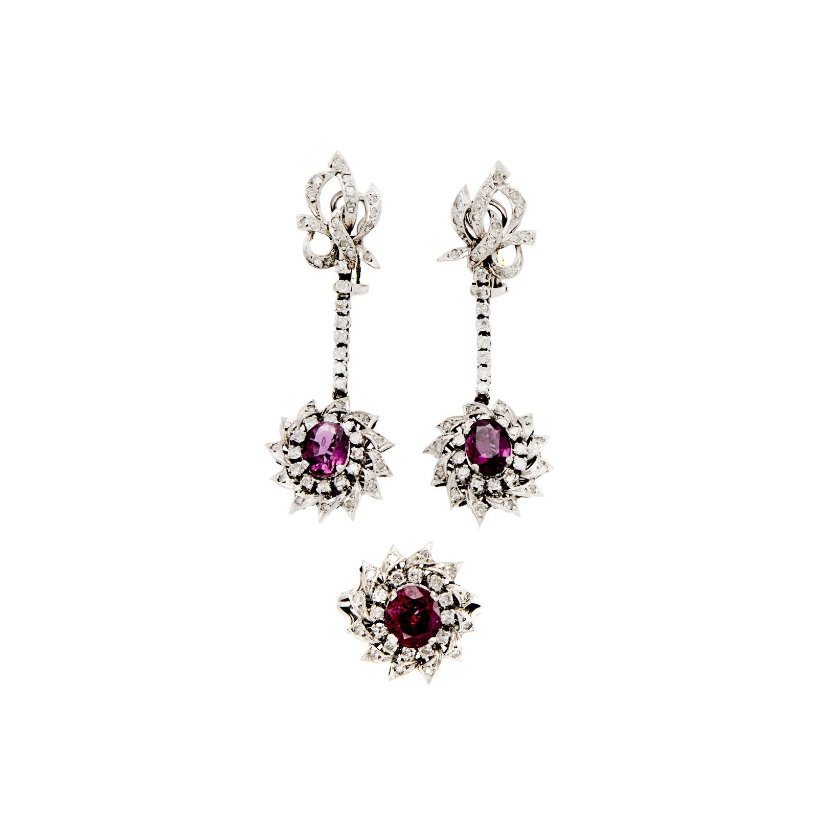 White Gold, Ruby and Diamond Ring and Pair of Silver, Ruby and Diamond Pendant-Earrings (1 of 1)