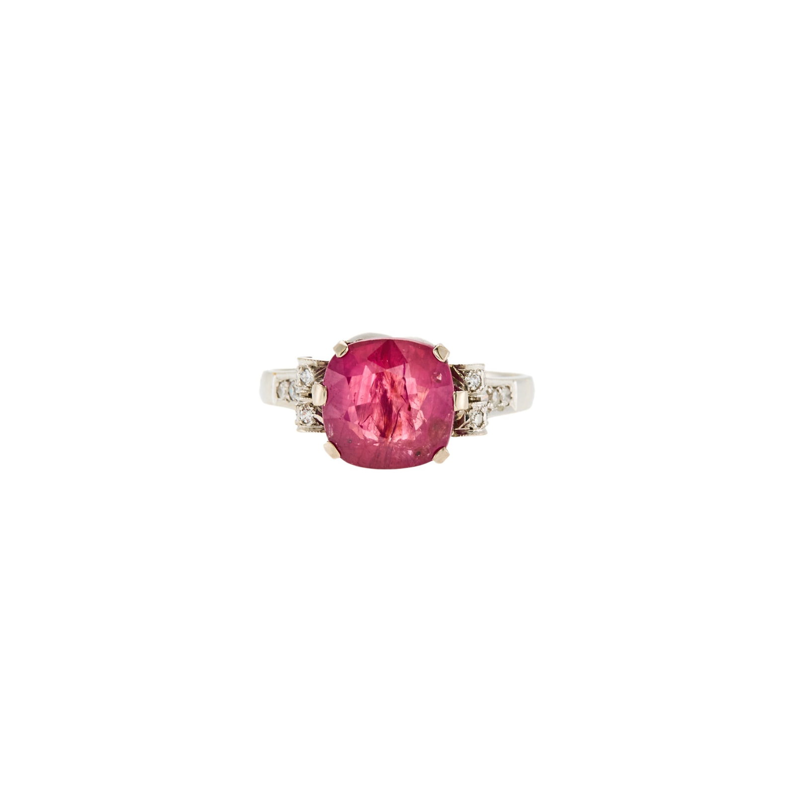 White Gold, Ruby and Diamond Ring: 18 kt., one cushion-shaped ruby weighing 4.34 cts., single-cut diamonds ap. .15 ct., ap. 3 dwts. Size 6 3/4. With SSEF report no. 78981 stating Tanzania origin, no indications of heating, dated March 