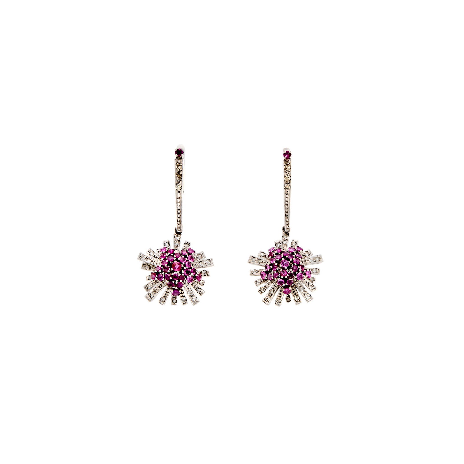 Pair of White Gold, Ruby and Diamond Pendant-Earrings: 56 round rubies ap. 1.95 cts., single-cut diamonds, ap. 8.4 dwts. Tests as 14 kt. Lever-backs and posts. 1 5/8 x 3/4 to 1/16 inch.