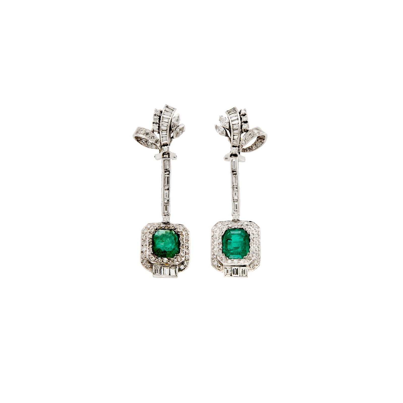 Pair of Silver, Emerald and Diamond Pendant-Earrings: 2 emerald-cut emeralds ap. 6.15 cts., 34 baguette diamonds ap. 2.10 cts., 90 single-cut and 10 round diamonds ap. 1.30 cts., 4 marquise-shaped diamonds ap. .50 ct., ap. 12.2 dwts. Emeralds: medium sli