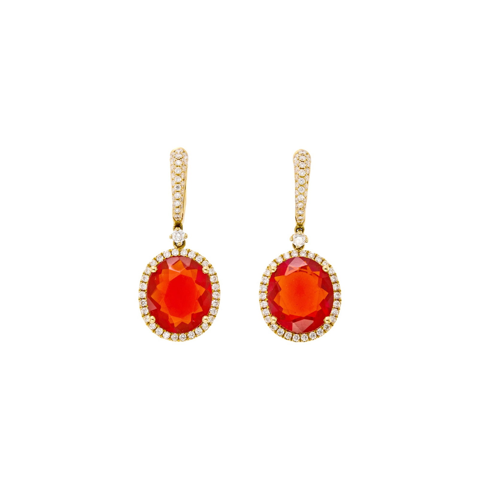 Kiki McDonough Pair of Gold, Fire Opal and Diamond Pendant-Earrings: 18 kt., 2 oval fire opals ap. 6.90 cts., 116 round diamonds ap. 1.25 cts., signed kiki, with English assay marks, ap. 4.3 dwts. Fire opals: deep reddish-orange with lighter reddish-orange highlights,