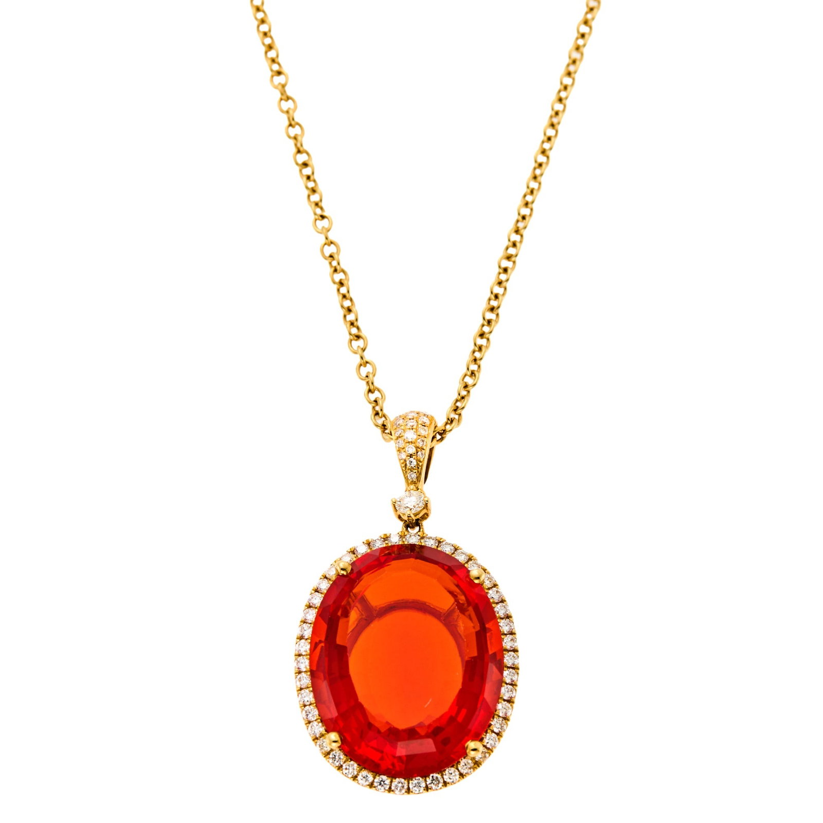 Kiki McDonough Gold, Fire Opal and Diamond Pendant with Chain Necklace: 18 kt., one oval fire opal ap. 10.15 cts., 60 round diamonds ap. .55 ct., pendant signed kiki, with English assay marks, ap. 6 dwts. Length 18 inches. Fire opal: deep reddish-orange with lighter reddi