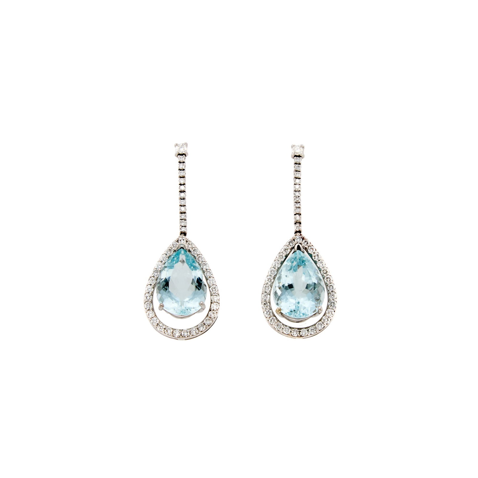 Pair of White Gold, Aquamarine and Diamond Pendant-Earrings: 14 kt., 2 pear-shaped aquamarines ap. 13.30 cts., 82 round diamonds ap. 1.80 cts., ap. 6.4 dwts. Aquamarines: light slightly greenish-blue, cleanish, lively. Diamonds: G-H-VS. Posts. 1 3/4 x 5/8 to 1/